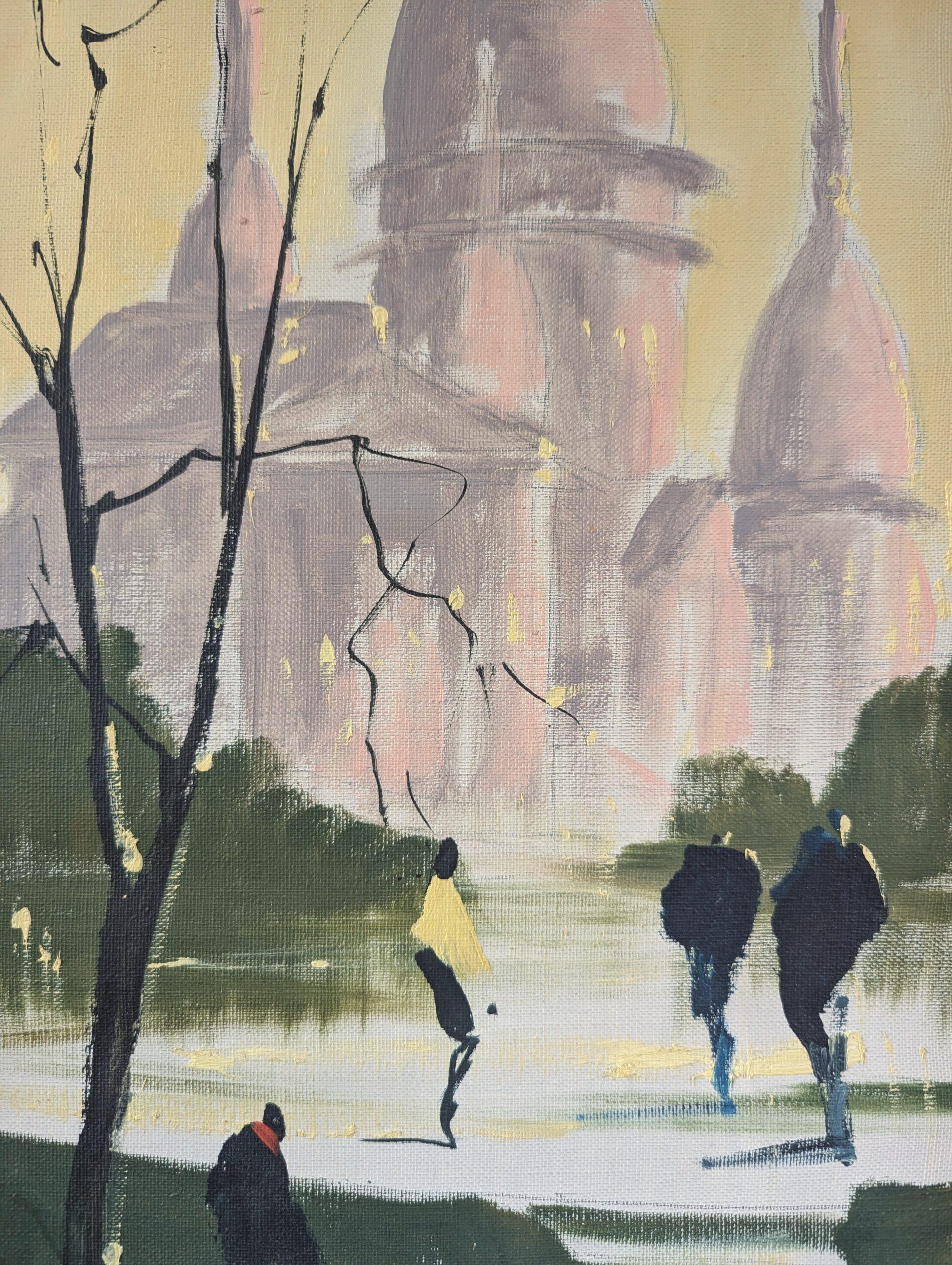 Vintage By, paesaggio urbano originale dipinto ad olio - Sotto il cielo di Parigi 4