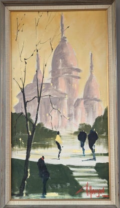 Vintage By, paesaggio urbano originale dipinto ad olio - Sotto il cielo di Parigi