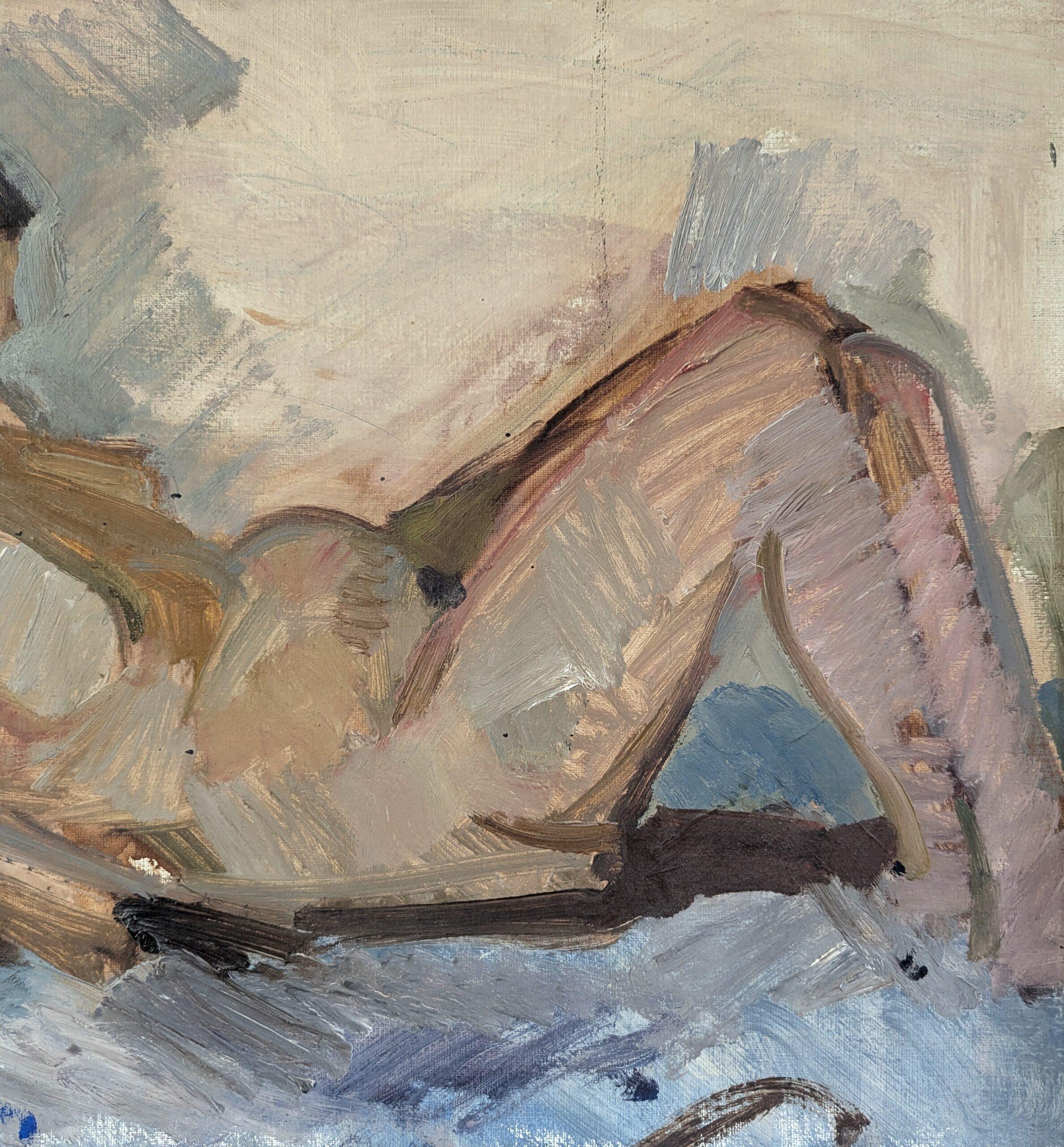 Pintura al óleo figurativa original vintage de mediados de siglo -El desnudo expectante en venta 5