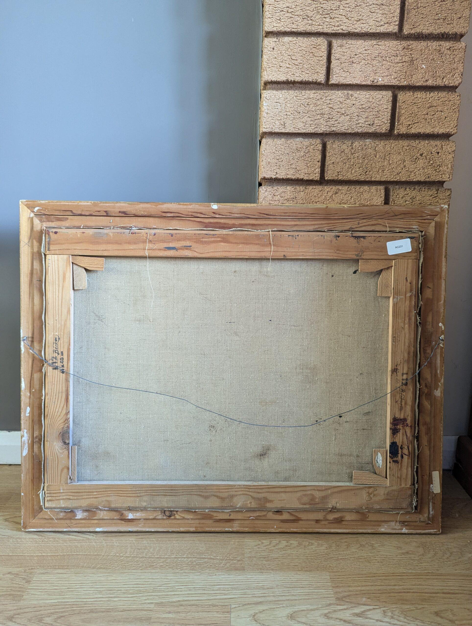Pintura al óleo figurativa original vintage de mediados de siglo -El desnudo expectante en venta 6
