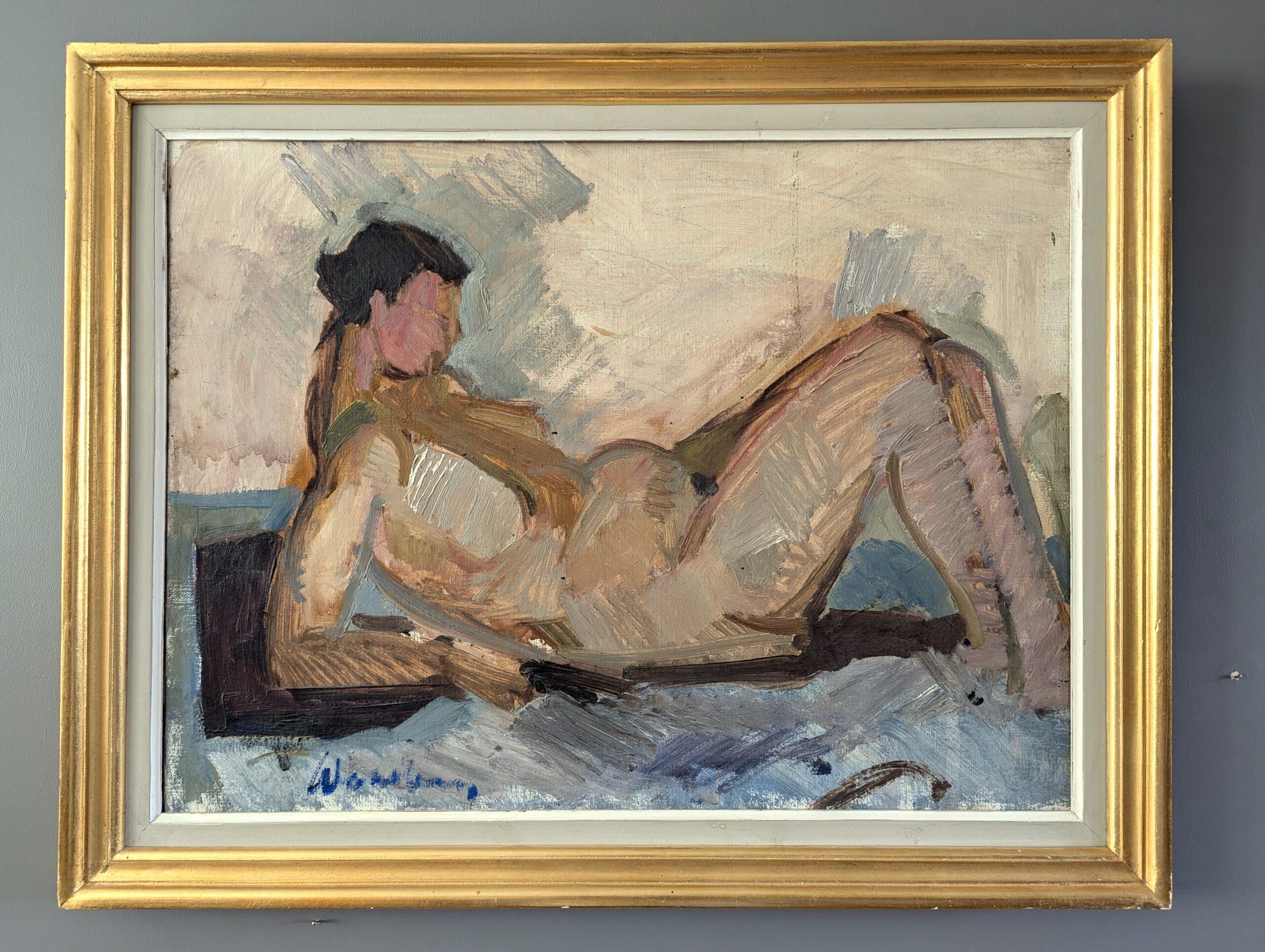 Pintura al óleo figurativa original vintage de mediados de siglo -El desnudo expectante - Painting de Unknown