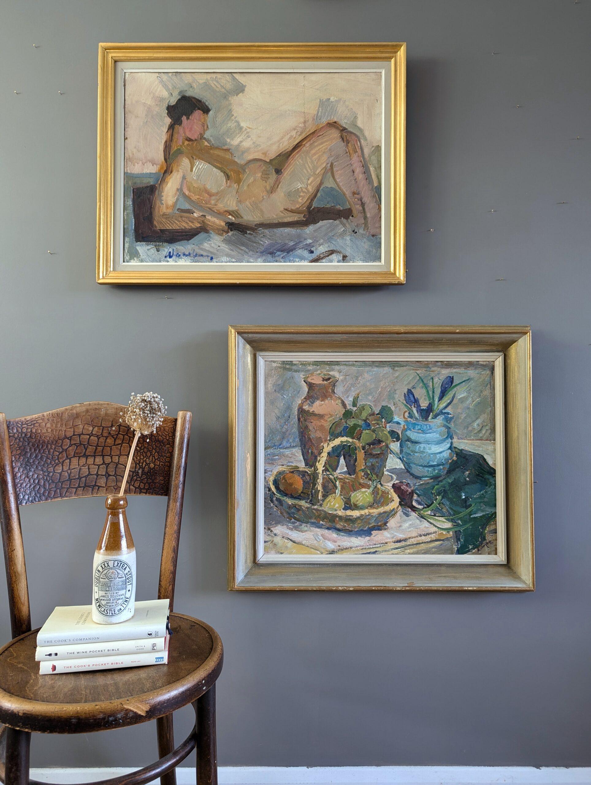 Pintura al óleo figurativa original vintage de mediados de siglo -El desnudo expectante - Painting Moderno de Unknown