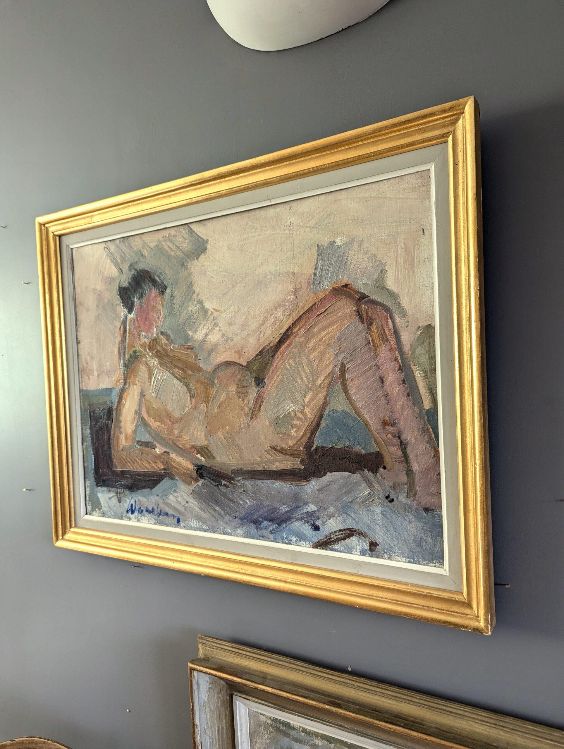 Pintura al óleo figurativa original vintage de mediados de siglo -El desnudo expectante en venta 1