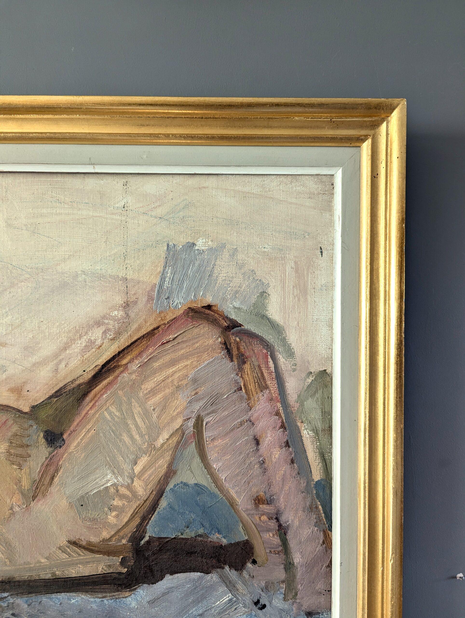Pintura al óleo figurativa original vintage de mediados de siglo -El desnudo expectante en venta 2