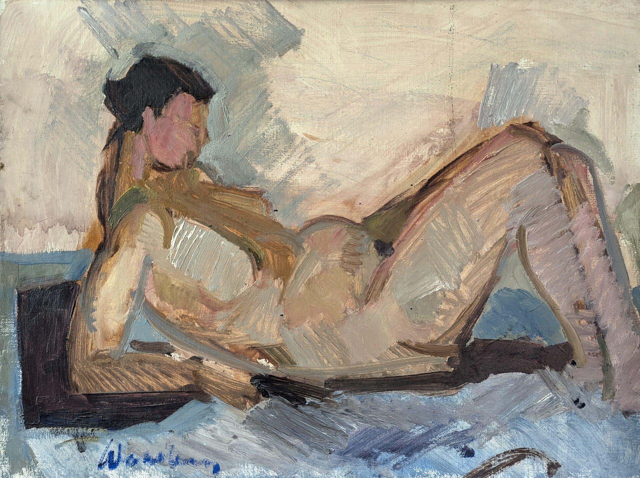 Pintura al óleo figurativa original vintage de mediados de siglo -El desnudo expectante en venta 3
