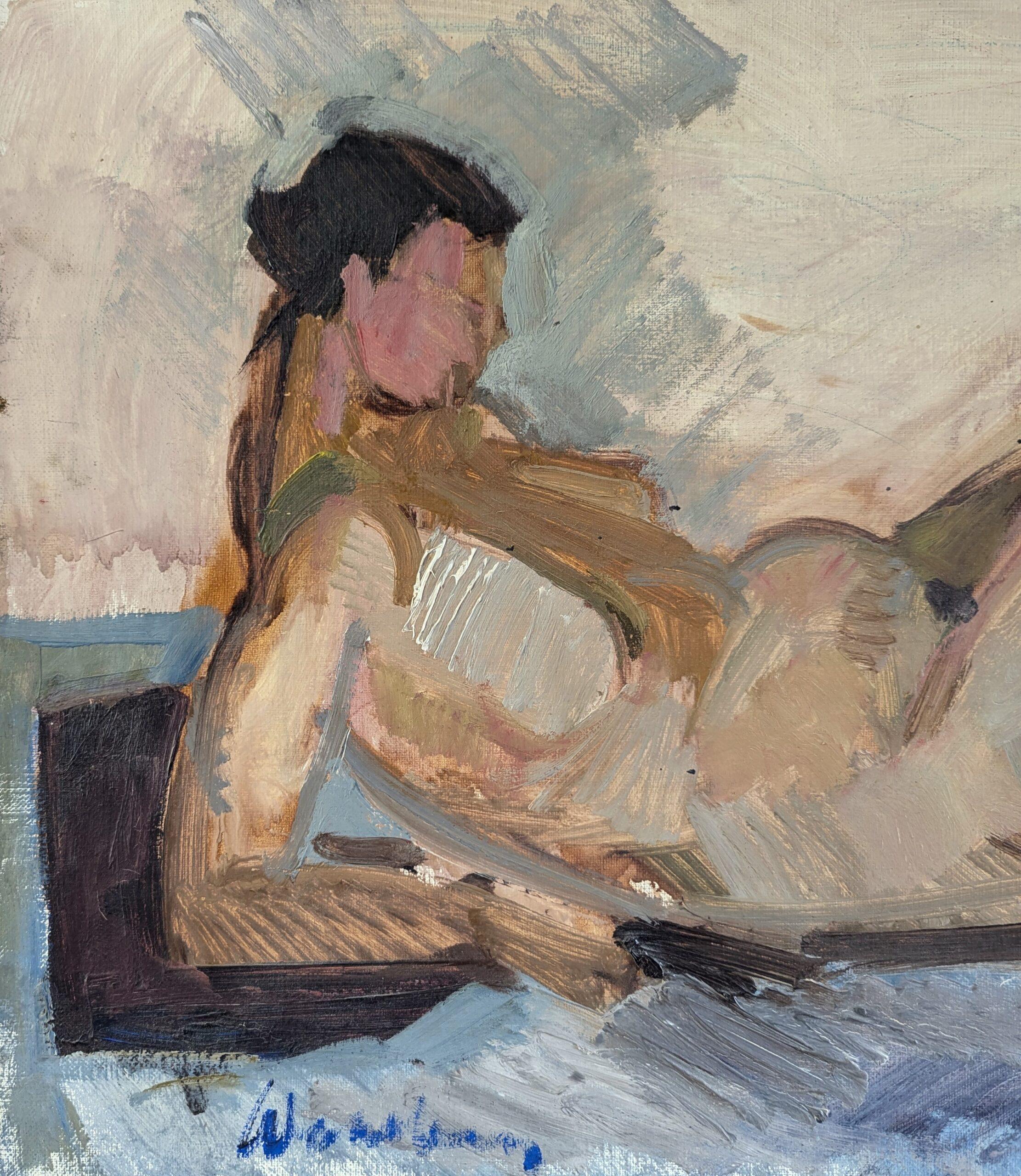 Pintura al óleo figurativa original vintage de mediados de siglo -El desnudo expectante en venta 4