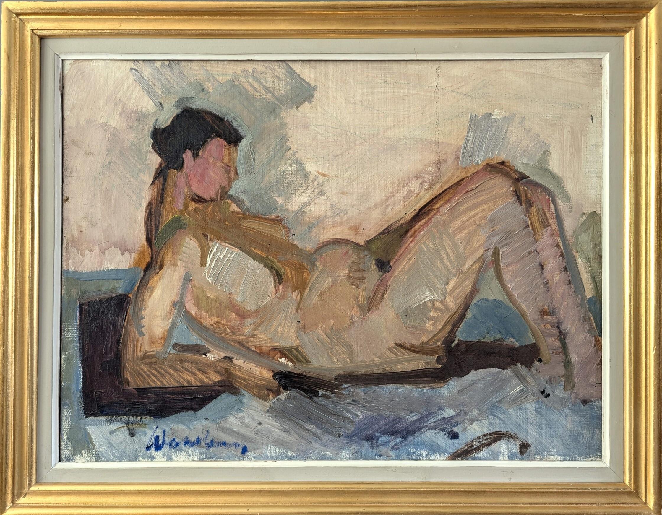Nude Painting de Unknown - Pintura al óleo figurativa original vintage de mediados de siglo -El desnudo expectante