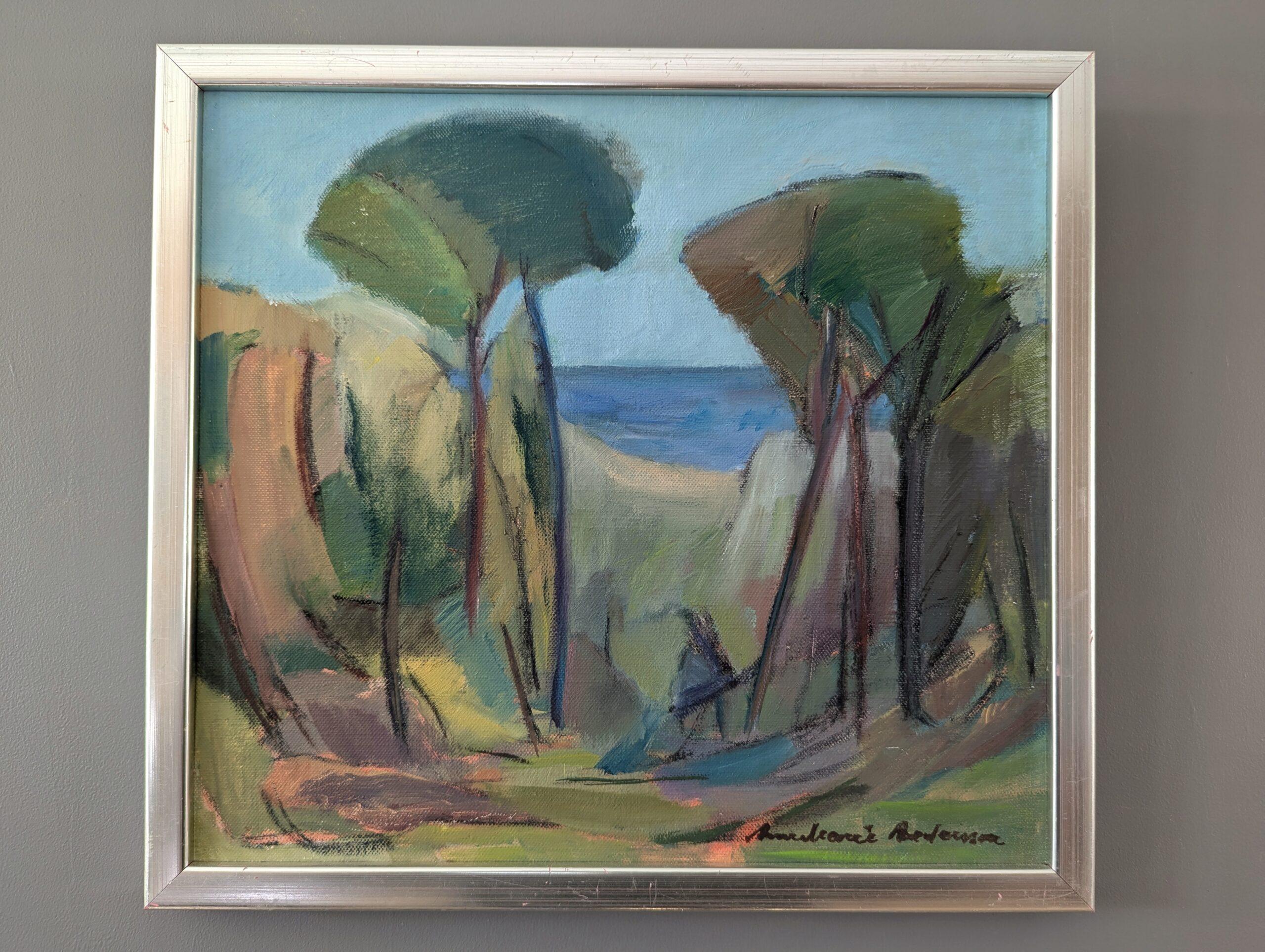 Pittura ad olio originale di paesaggio Vintage Mid-Century Modern - Vicino all'oceano blu - Painting di Unknown