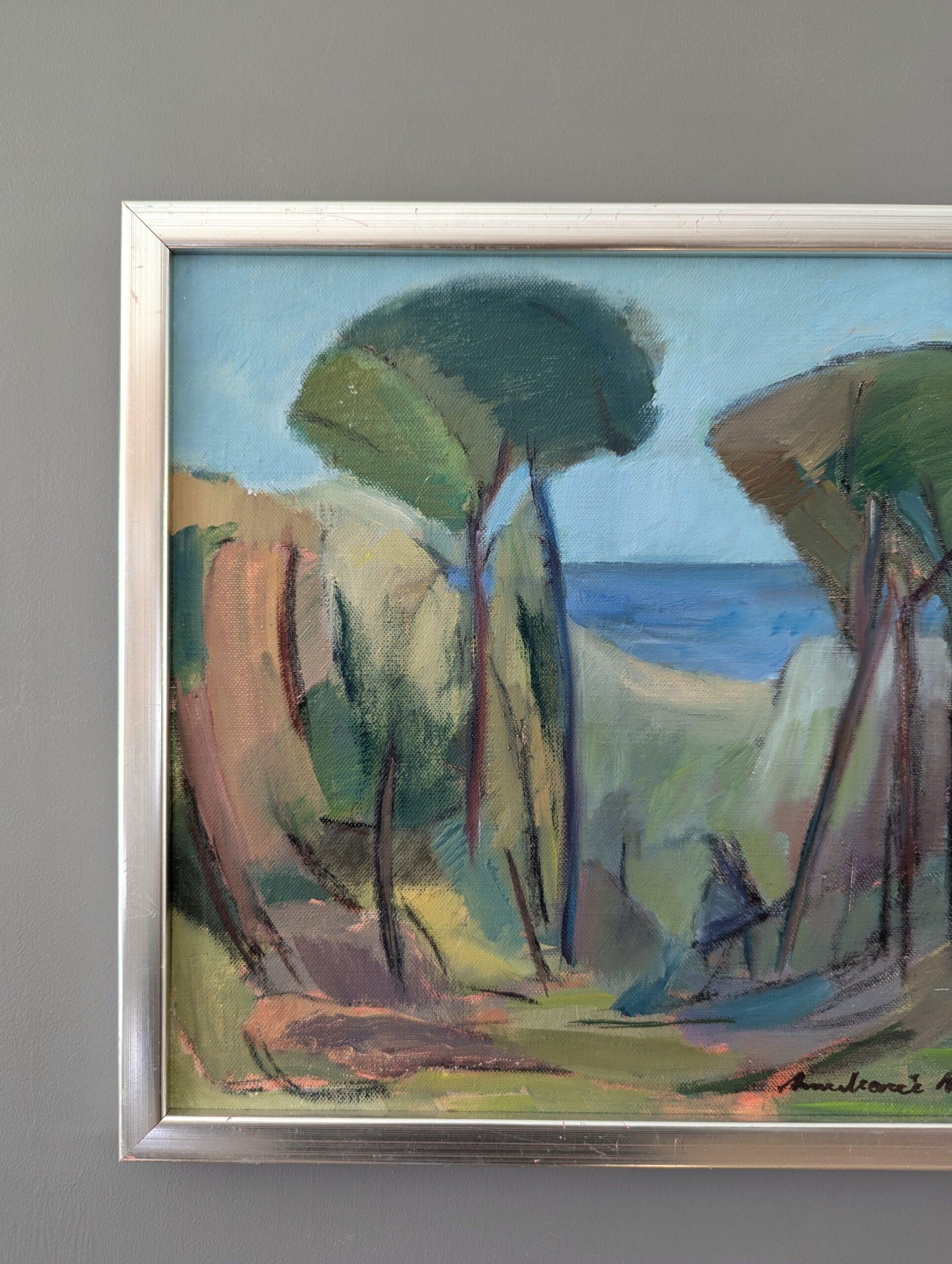 Pittura ad olio originale di paesaggio Vintage Mid-Century Modern - Vicino all'oceano blu 1