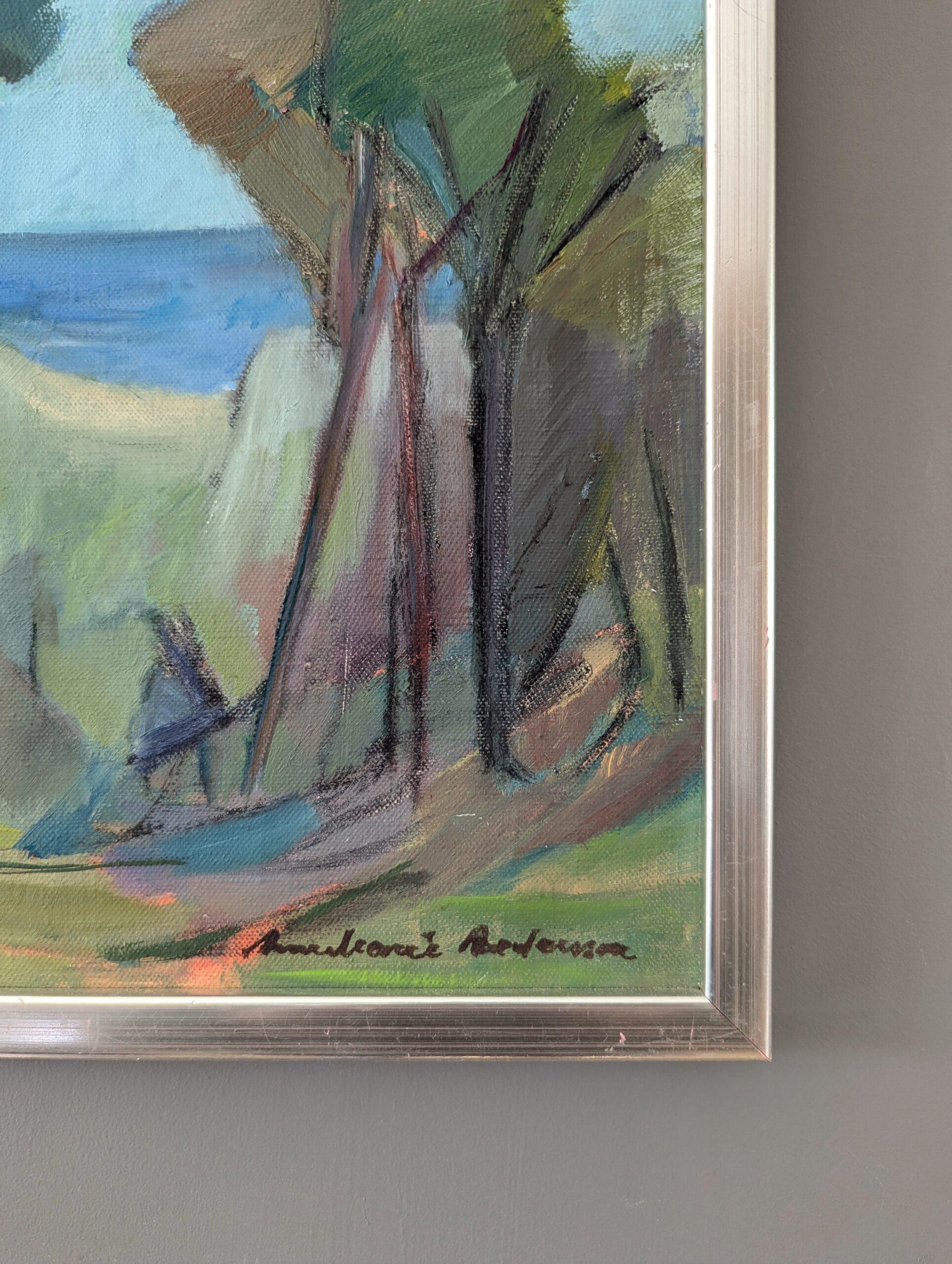 Pittura ad olio originale di paesaggio Vintage Mid-Century Modern - Vicino all'oceano blu 2
