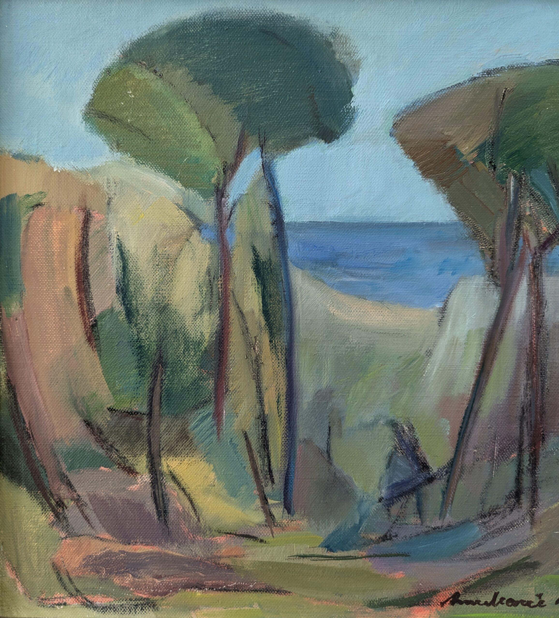 Pittura ad olio originale di paesaggio Vintage Mid-Century Modern - Vicino all'oceano blu 3