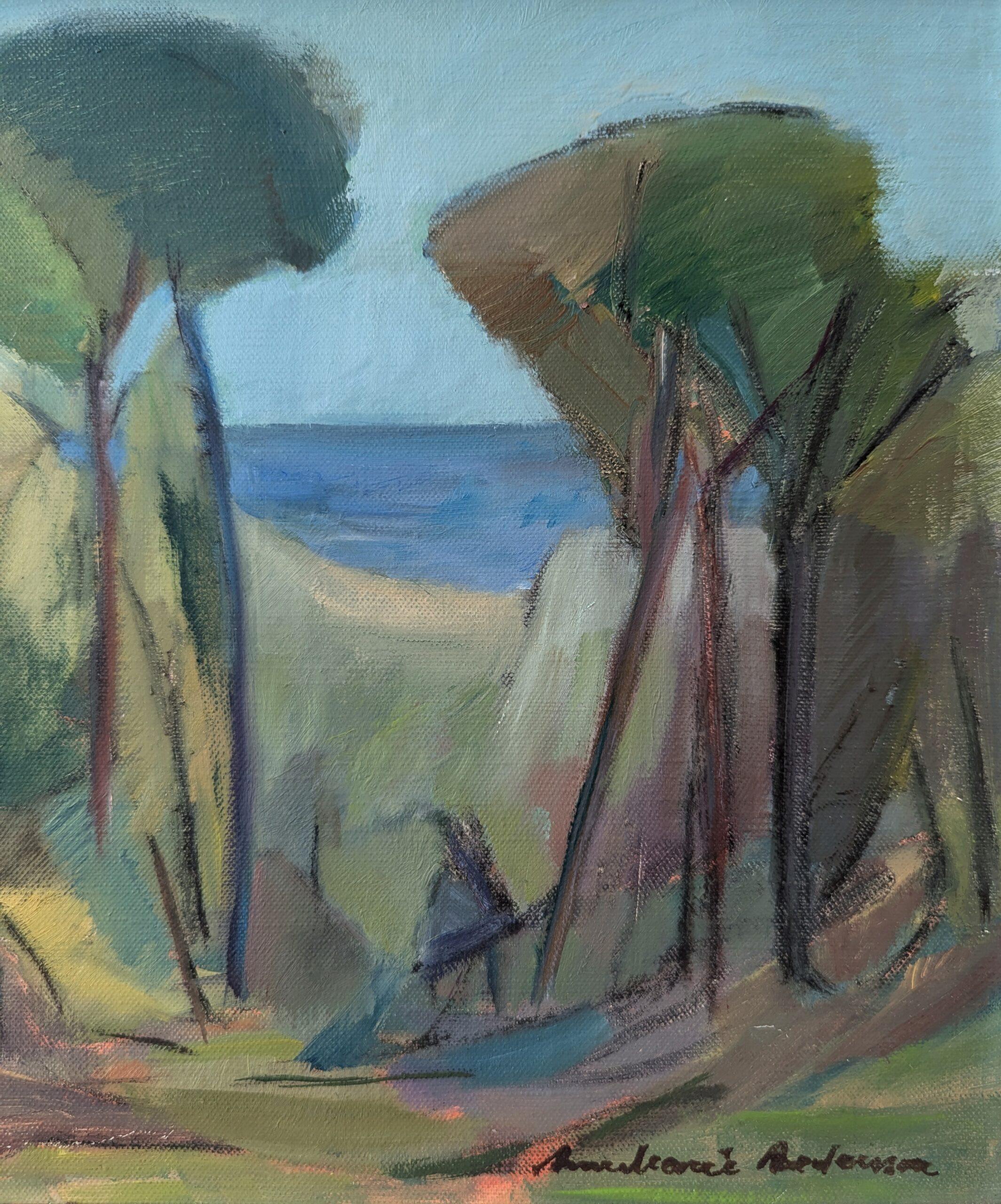 Pittura ad olio originale di paesaggio Vintage Mid-Century Modern - Vicino all'oceano blu 4
