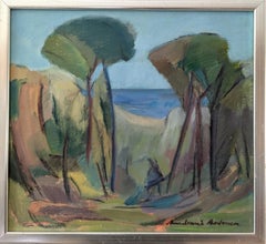 Pittura ad olio originale di paesaggio Vintage Mid-Century Modern - Vicino all'oceano blu