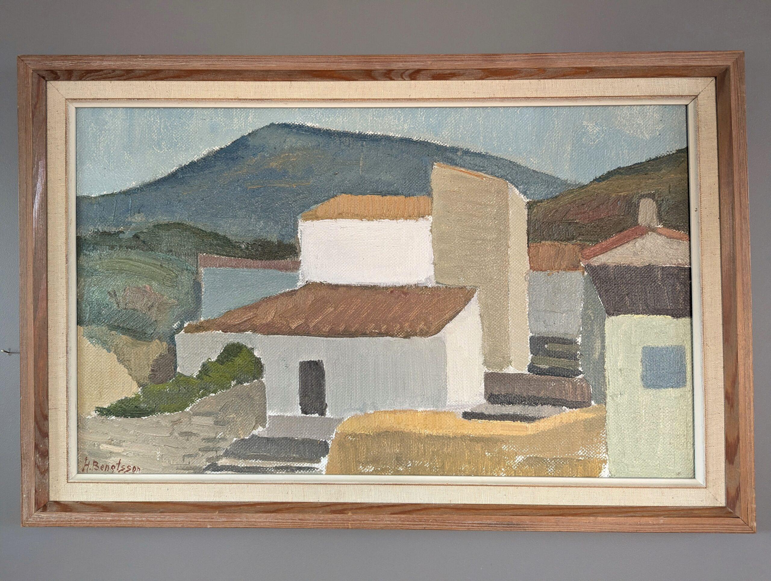 Vintage Mid-Century Modern Original Landscape Oil Painting - Terracotta Roofs - Brown Landscape Painting by Unknown