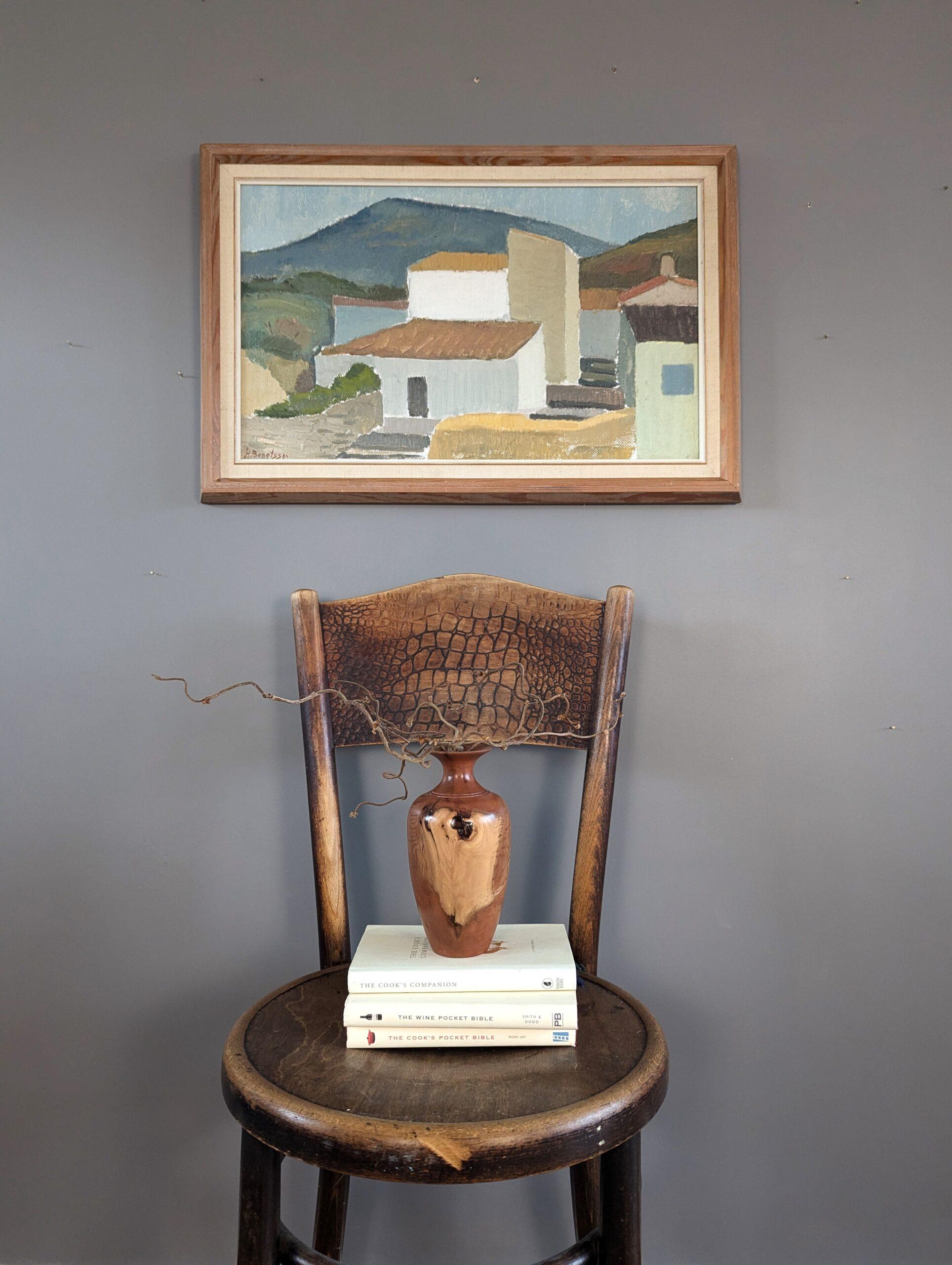 TERRACOTTA ROOFS
Oil on canvas
Size: 43 x 65 cm (including frame)

A very well executed mid century modernist composition in oil, painted onto canvas.

This painting beautifully captures the essence of a peaceful village landscape through a