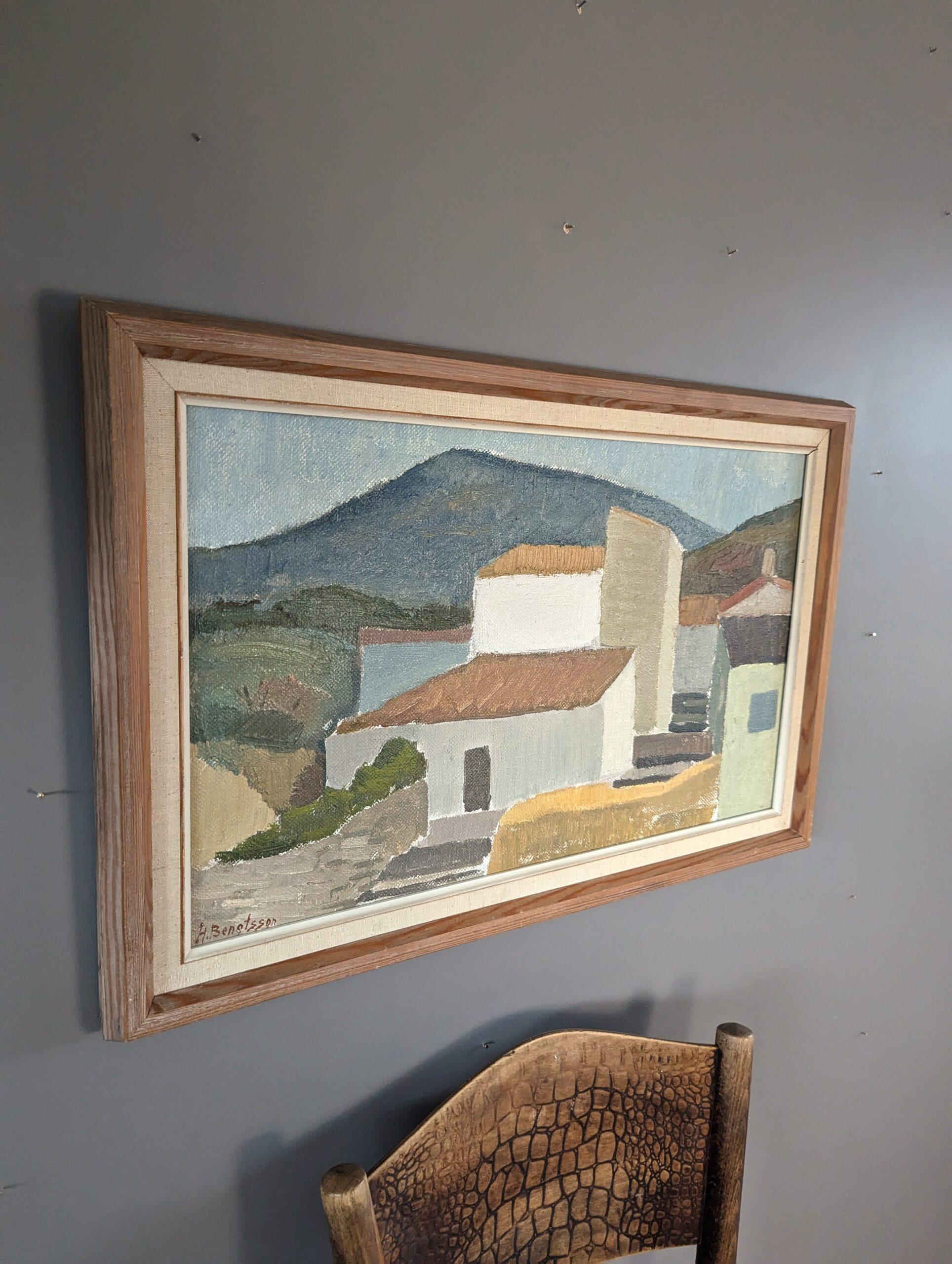 Vintage Mid-Century Modern Original Landscape Oil Painting - Terracotta Roofs For Sale 1