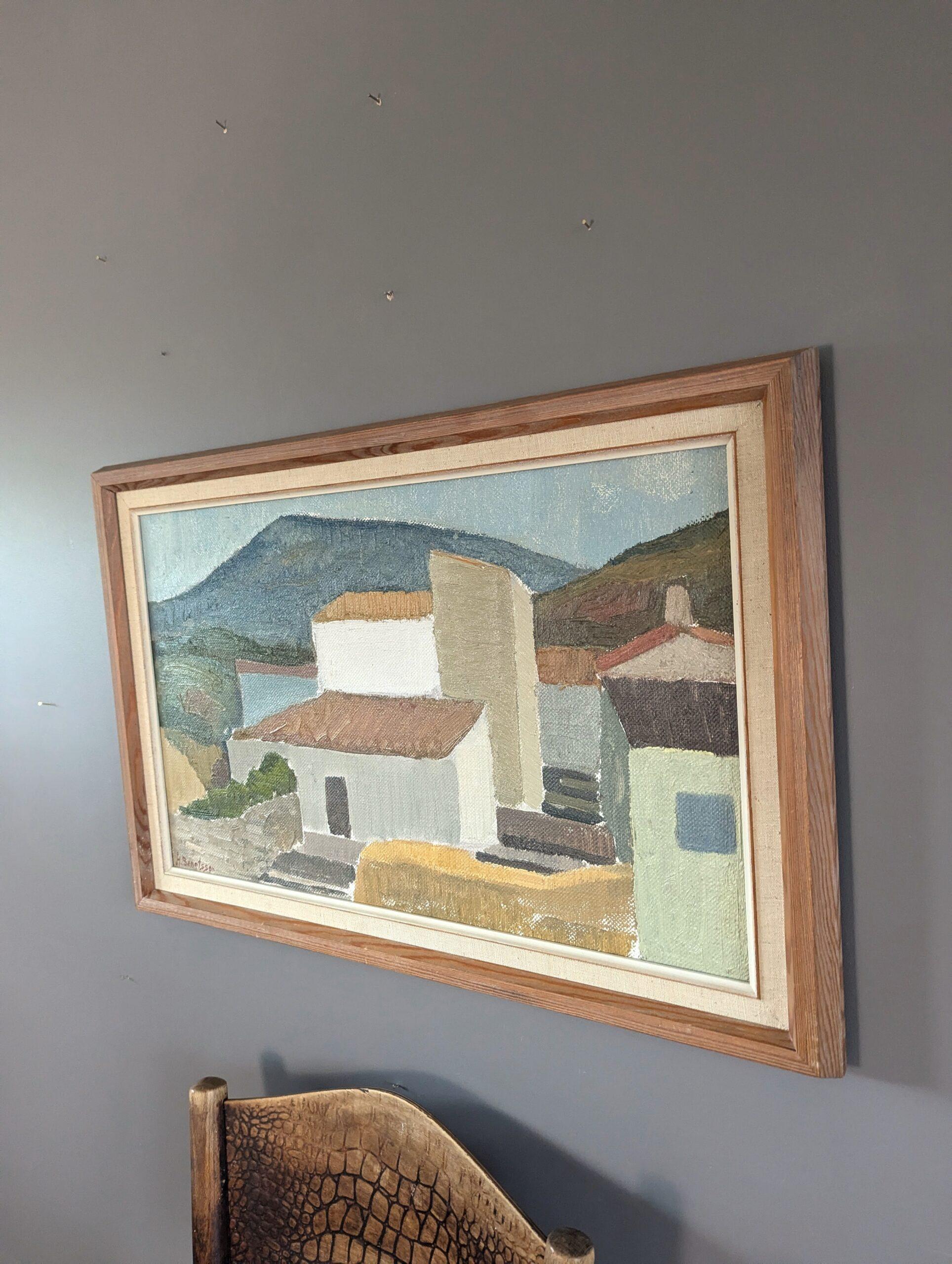 Vintage Mid-Century Modern Original Landscape Oil Painting - Terracotta Roofs For Sale 2