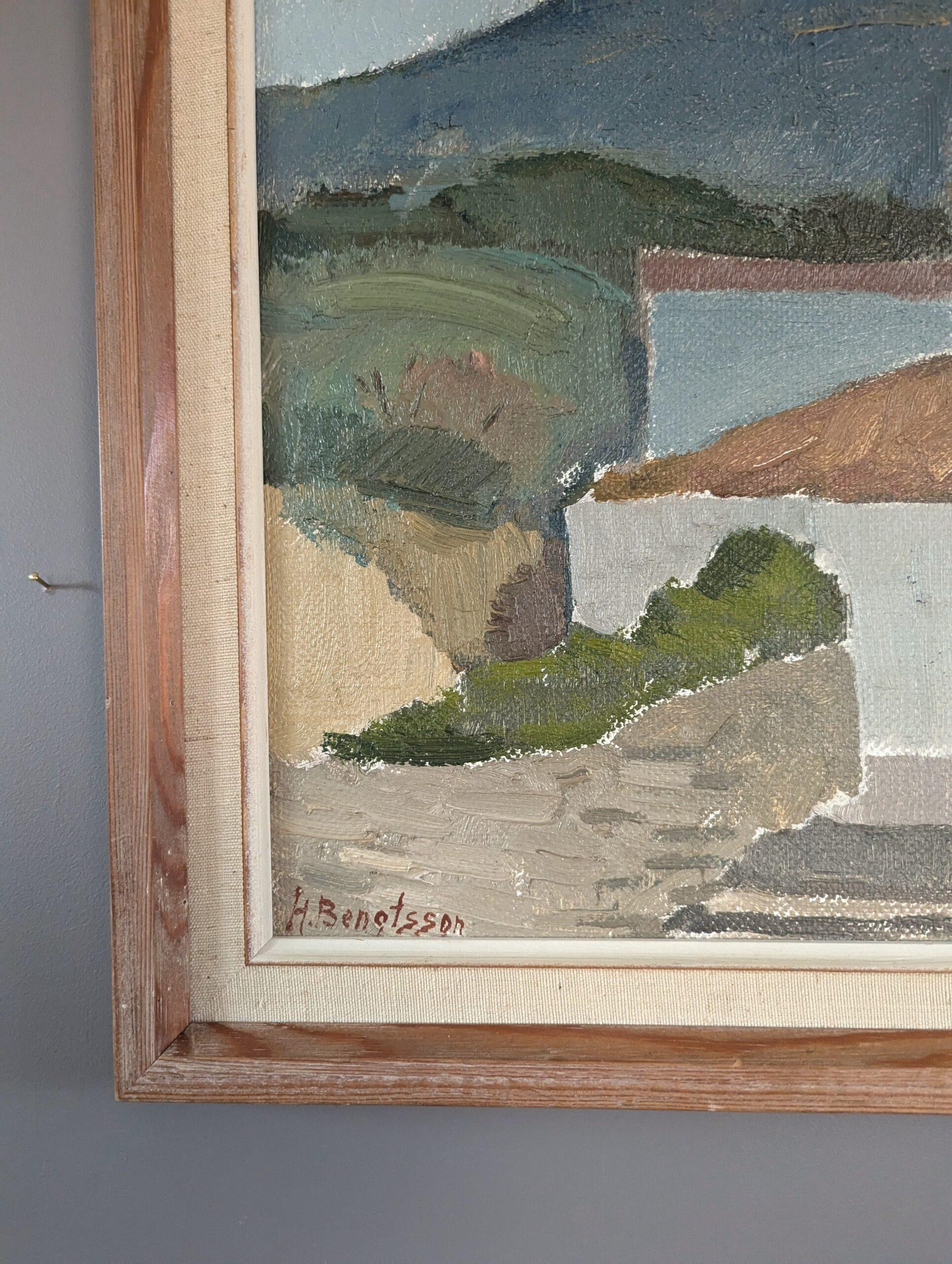 Vintage Mid-Century Modern Original Landscape Oil Painting - Terracotta Roofs For Sale 3