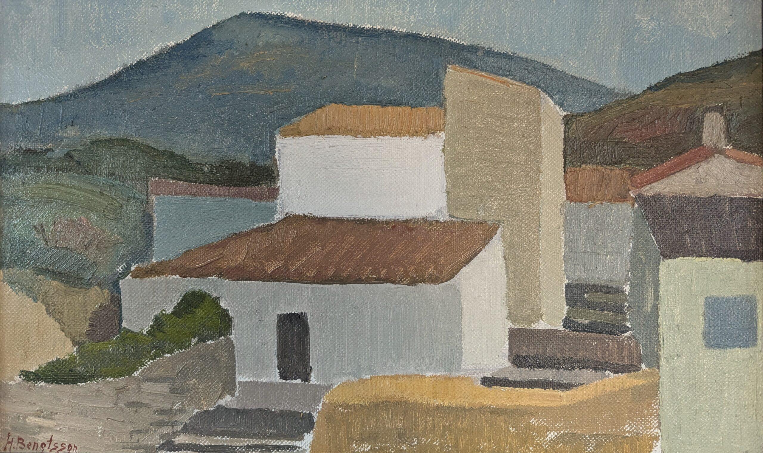 Vintage Mid-Century Modern Original Landscape Oil Painting - Terracotta Roofs For Sale 4