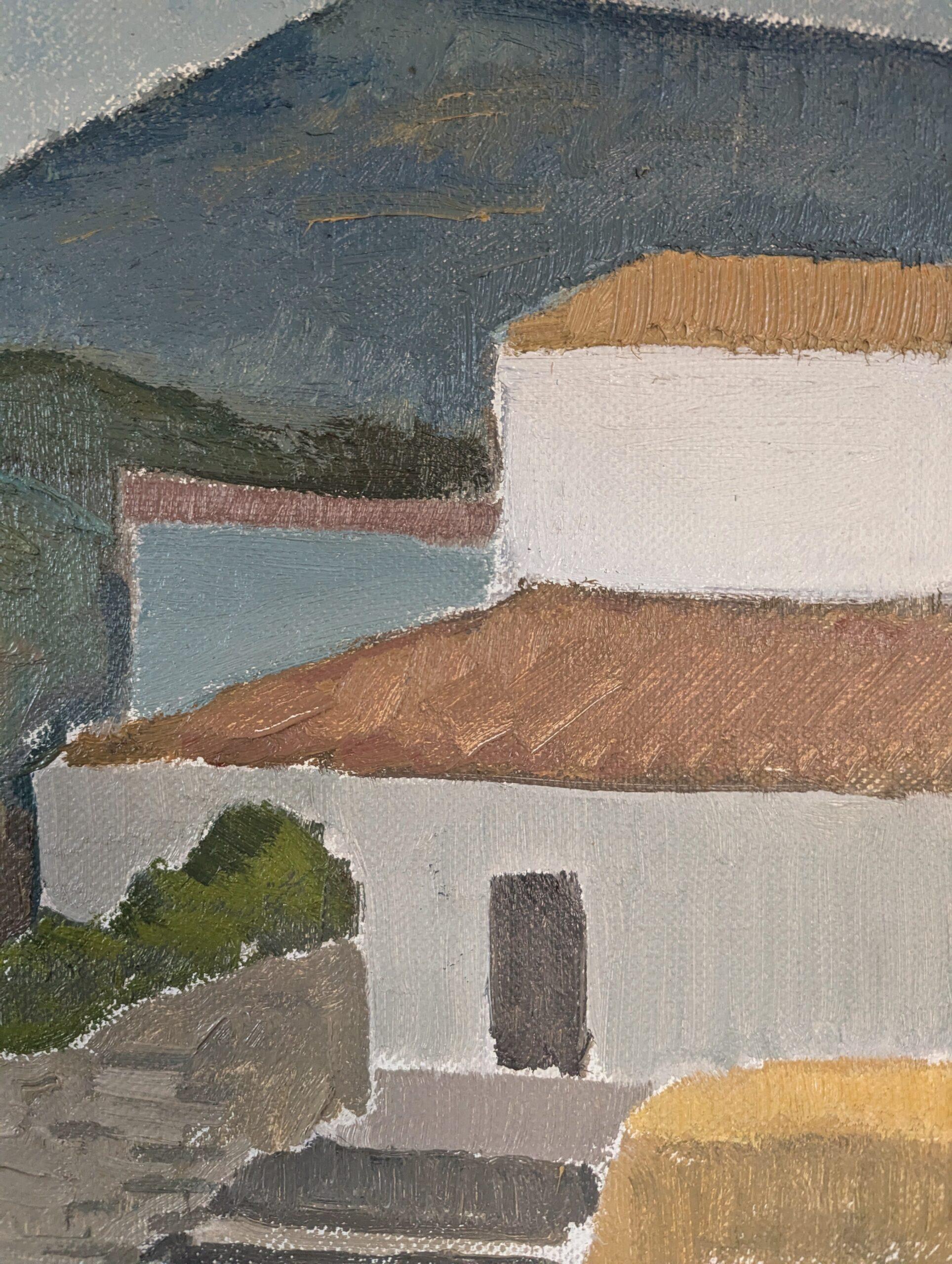 Vintage Mid-Century Modern Original Landscape Oil Painting - Terracotta Roofs For Sale 5