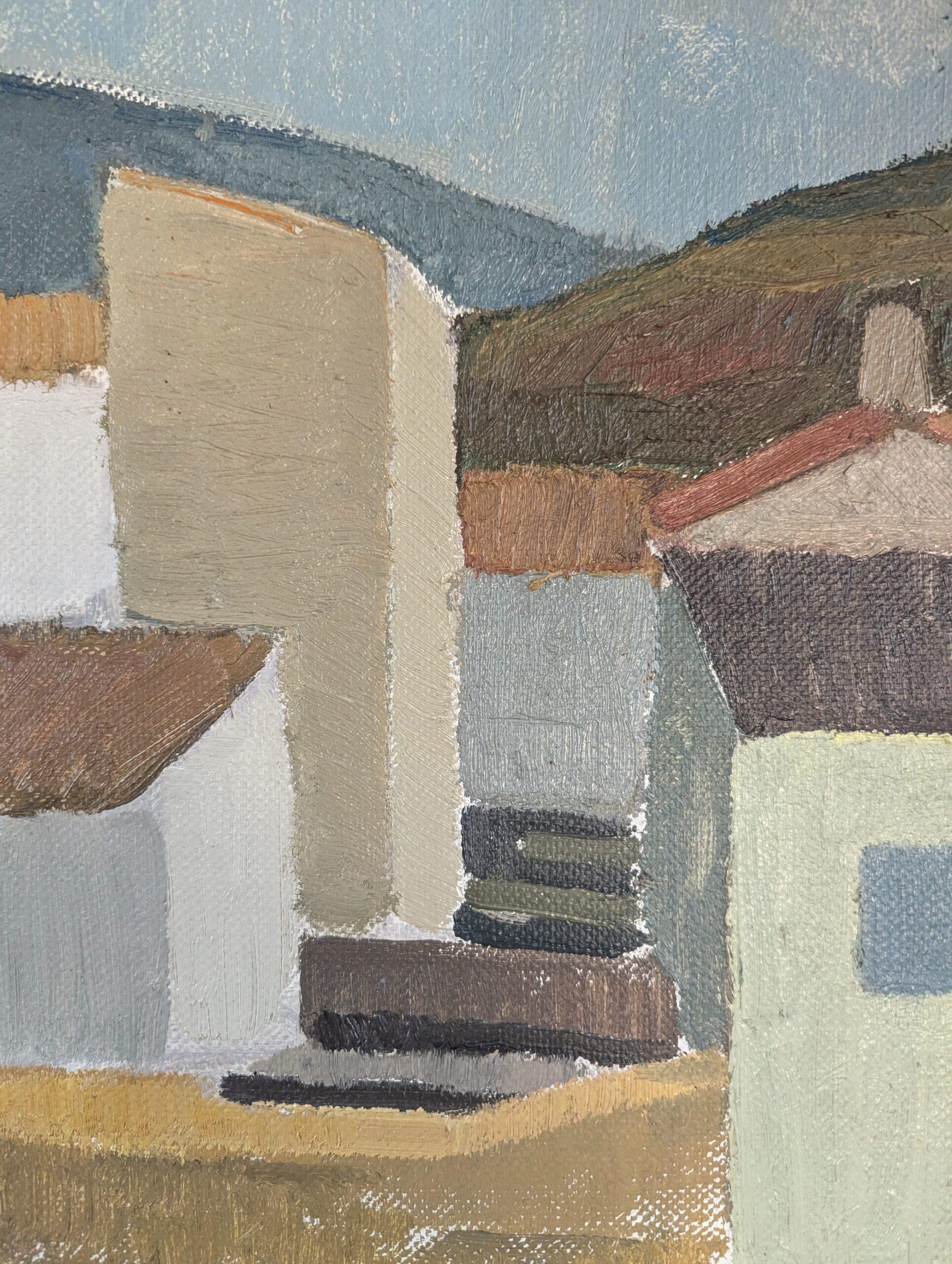 Vintage Mid-Century Modern Original Landscape Oil Painting - Terracotta Roofs For Sale 6