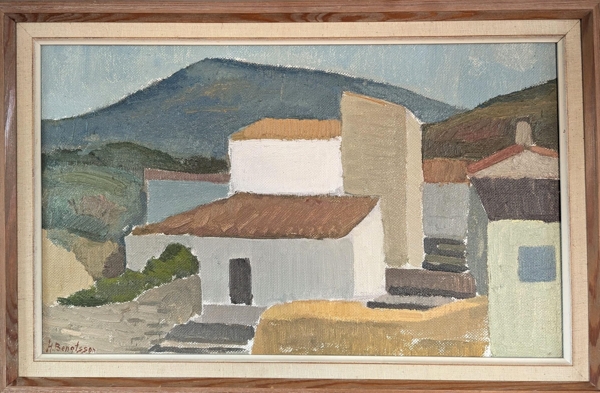 Unknown Landscape Painting - Vintage Mid-Century Modern Original Landscape Oil Painting - Terracotta Roofs
