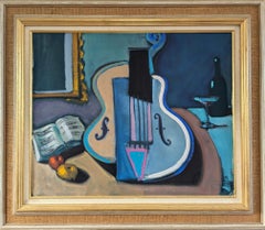 Vintage Mid Century Modern Original Oil Painting - Still Life with Cubist Violin