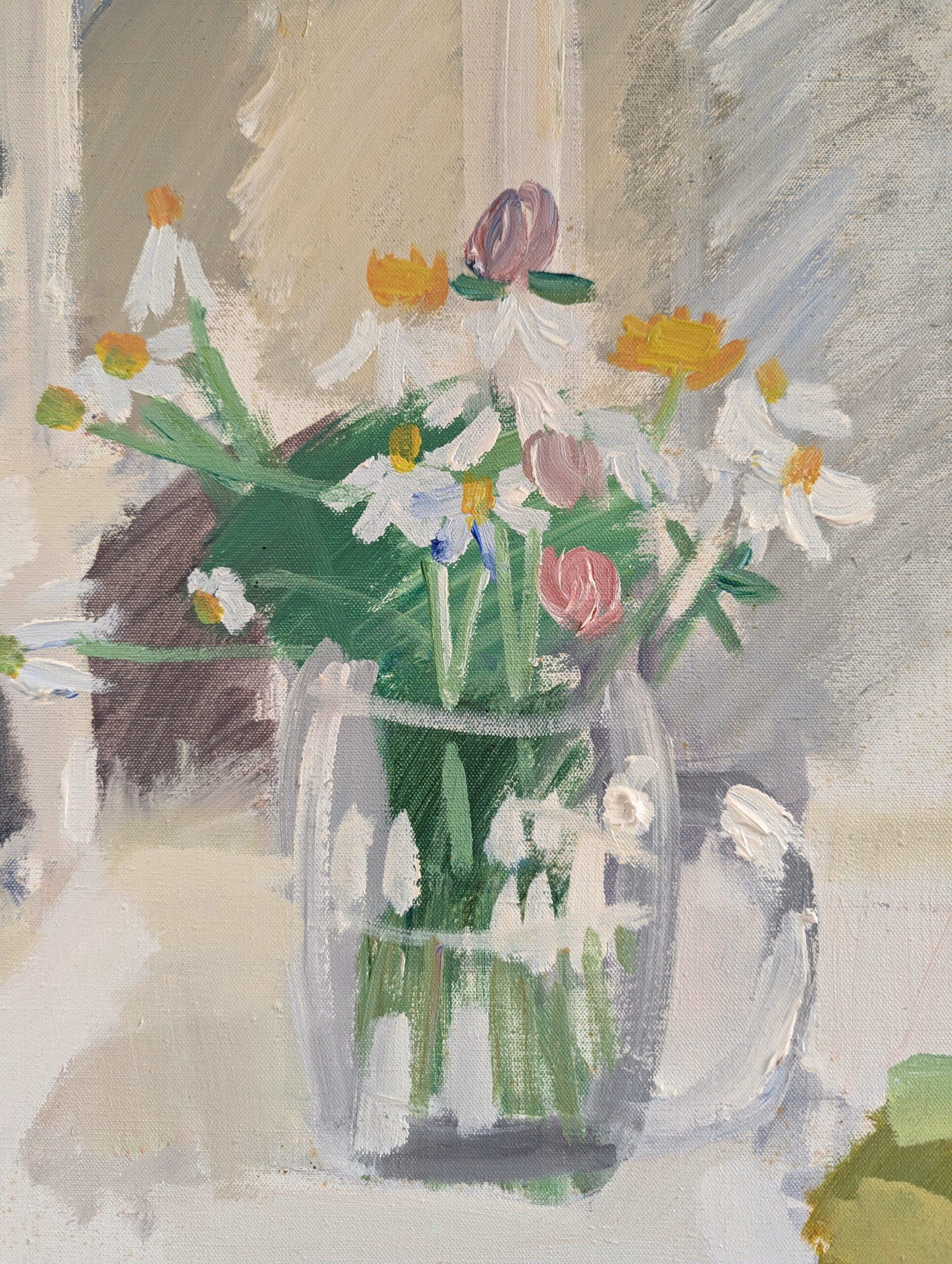 Vintage Mid-Century Modern Original Oil Painting - Still Life with White Chair For Sale 8