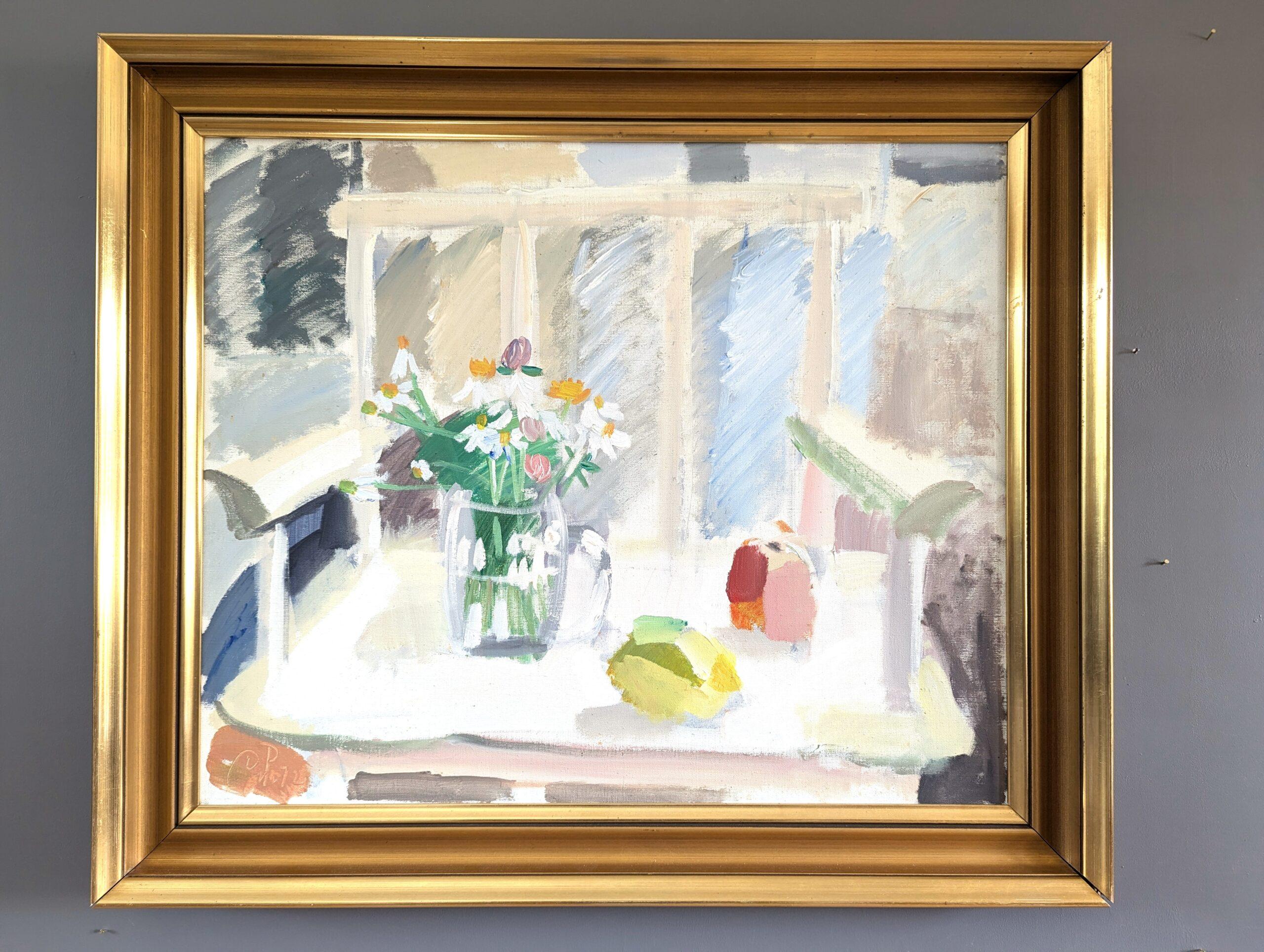 STILL LIFE WITH WHITE CHAIR
Oil on Canvas
Size: 64 X 74 cm (including frame)

A soothing mid-century modernist style still life composition, executed in oil onto canvas.

The painting presents an interior scene that centers around a white chair,