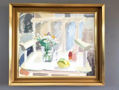 Vintage Mid-Century Modern Original Oil Painting - Still Life with White Chair