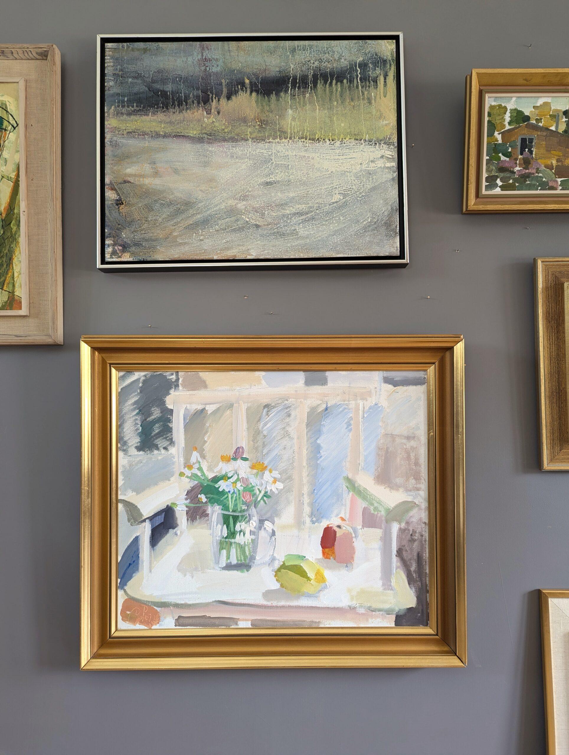 Vintage Mid-Century Modern Original Oil Painting - Still Life with White Chair For Sale 1