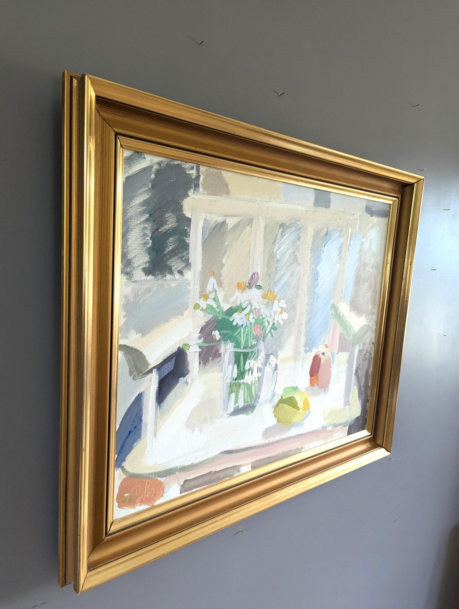 Vintage Mid-Century Modern Original Oil Painting - Still Life with White Chair For Sale 3