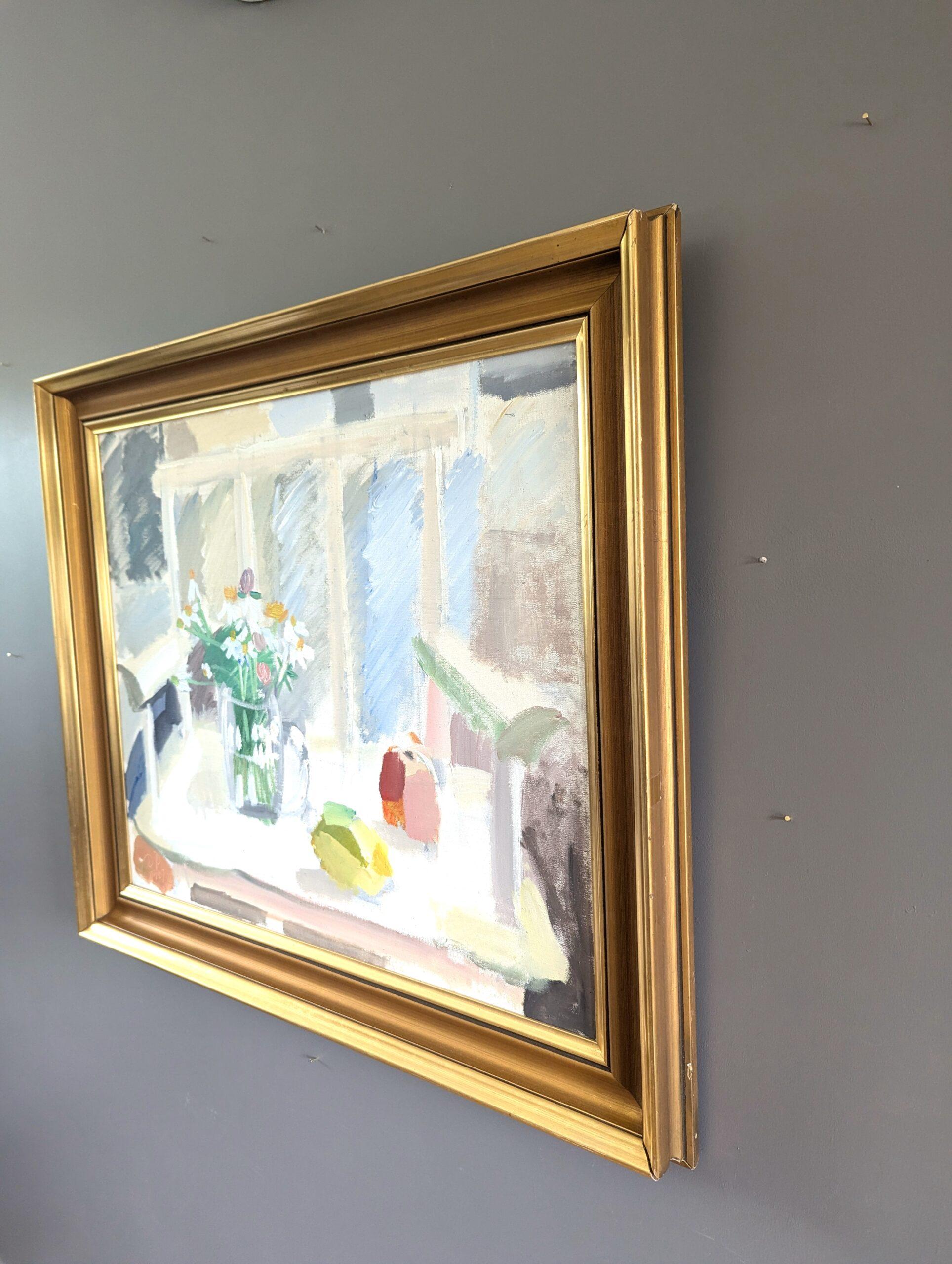 Vintage Mid-Century Modern Original Oil Painting - Still Life with White Chair For Sale 4