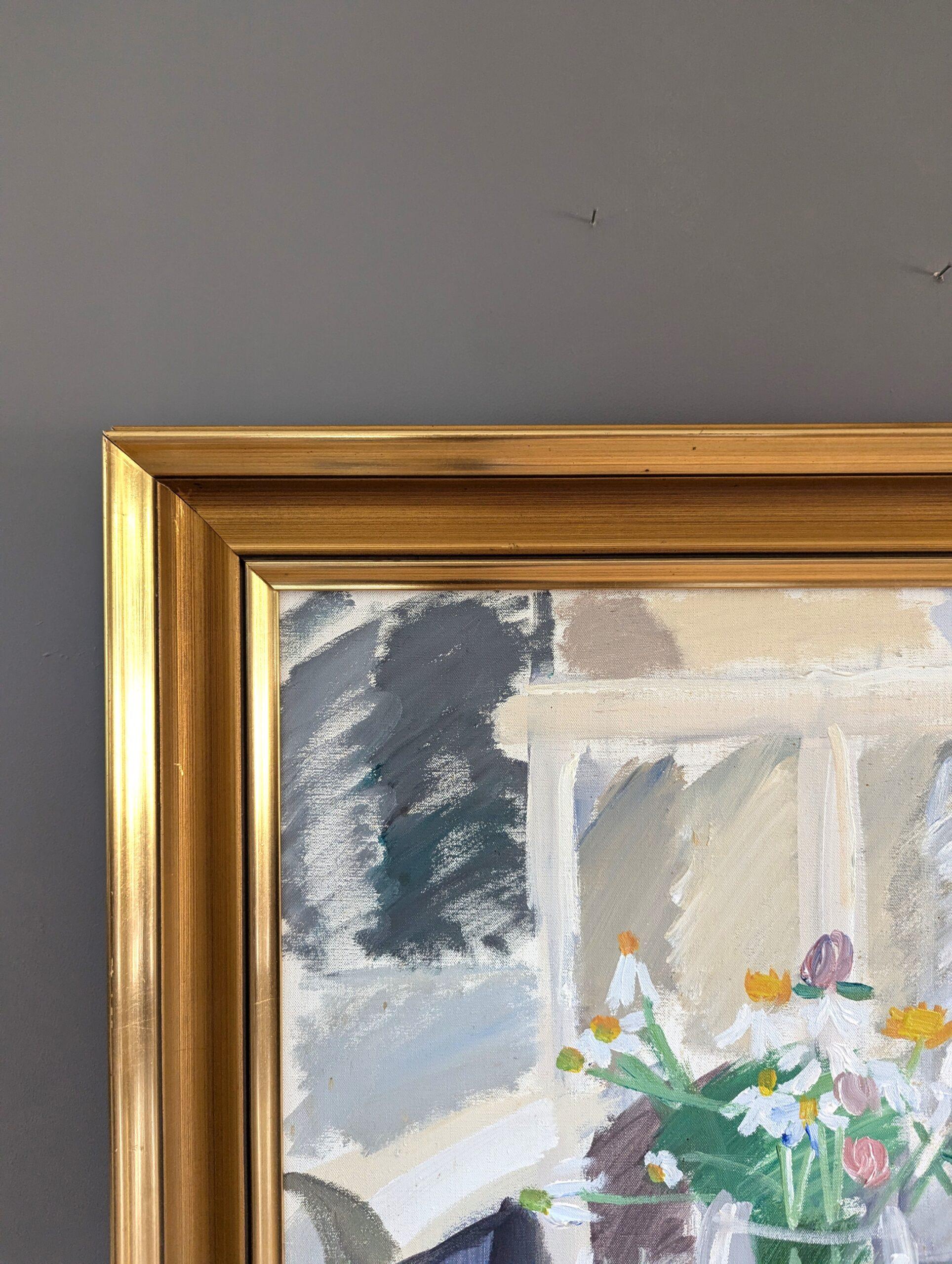 Vintage Mid-Century Modern Original Oil Painting - Still Life with White Chair For Sale 5