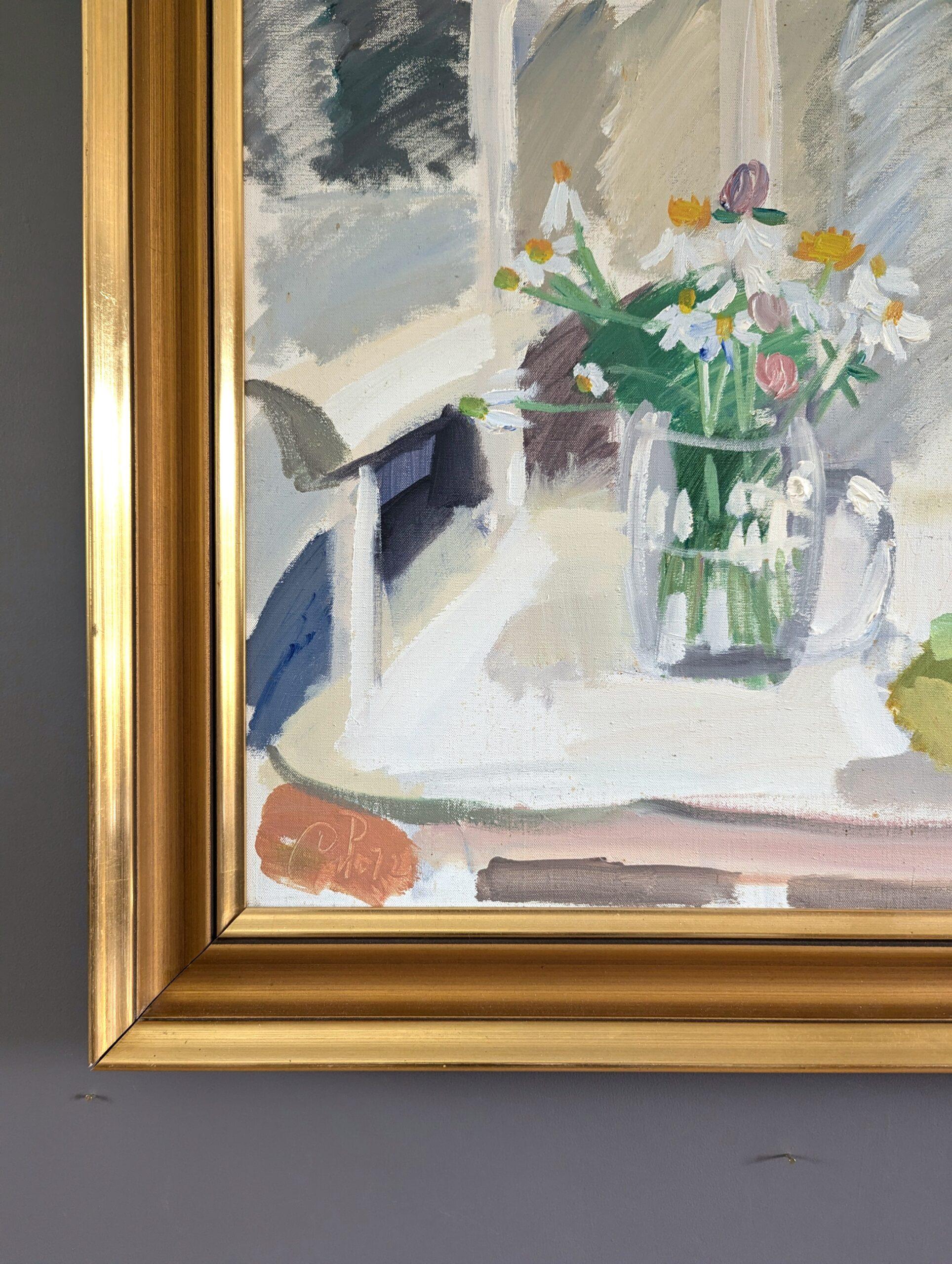 Vintage Mid-Century Modern Original Oil Painting - Still Life with White Chair For Sale 7