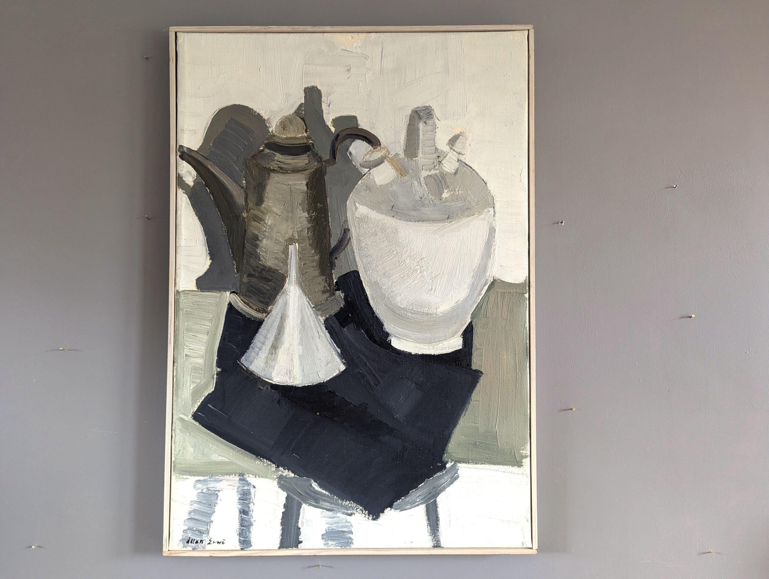Vintage Mid-Century Modern Original Still Life Oil Painting - Jugs and Funnel - Gray Still-Life Painting by Unknown
