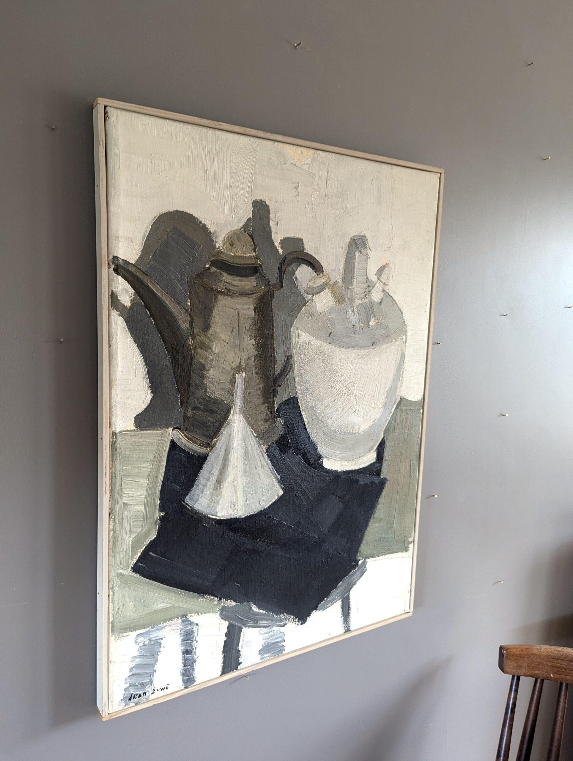 JUGS AND FUNNEL
Oil on Canvas
Size: 64.5 x 45 cm (including frame)

An inviting and soothing mid-century modernist style still life composition, executed in oil onto canvas.

Simple yet very effective in its composition, the painting features 2 jugs