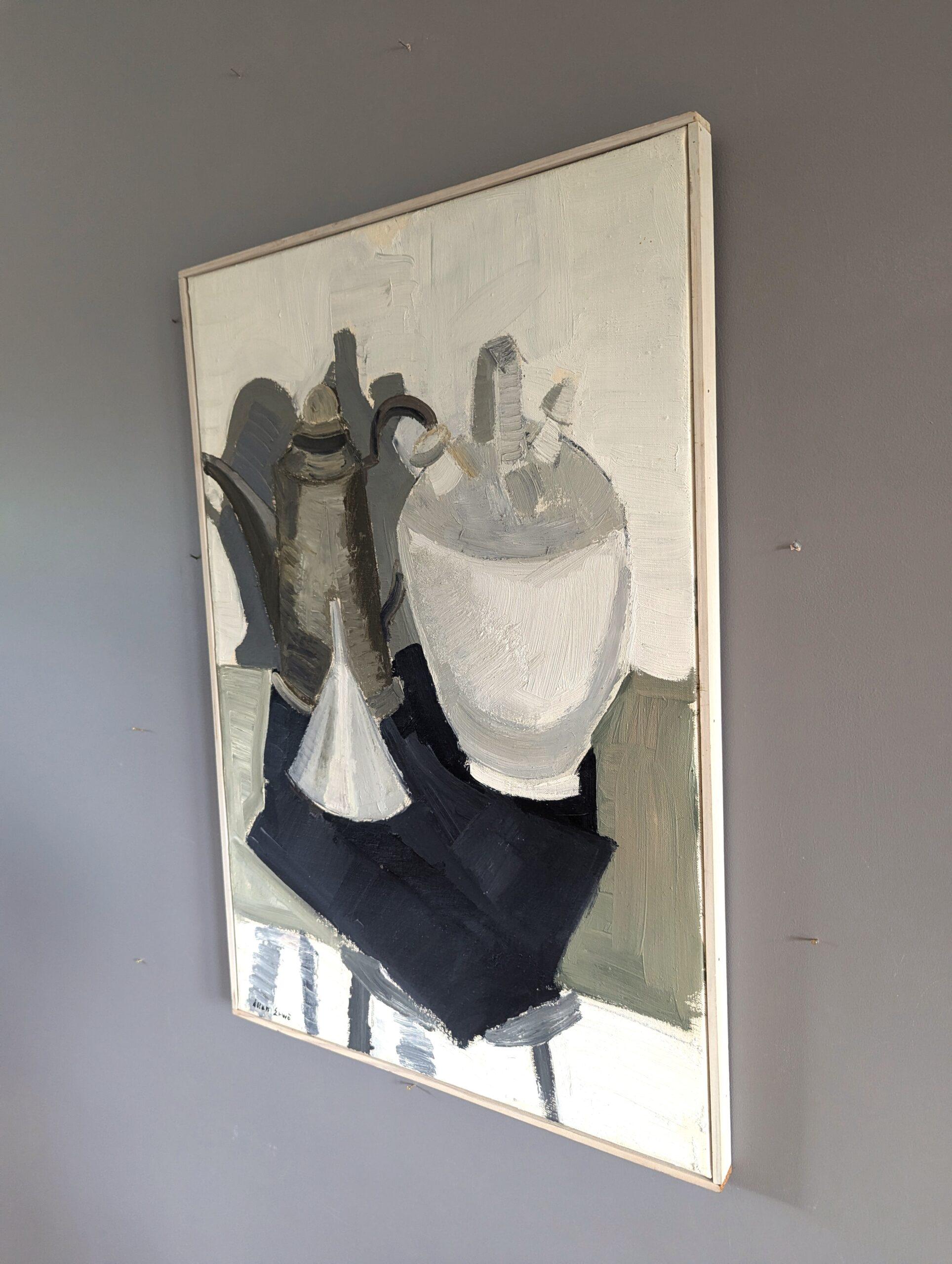 Vintage Mid-Century Modern Original Still Life Oil Painting - Jugs and Funnel For Sale 1