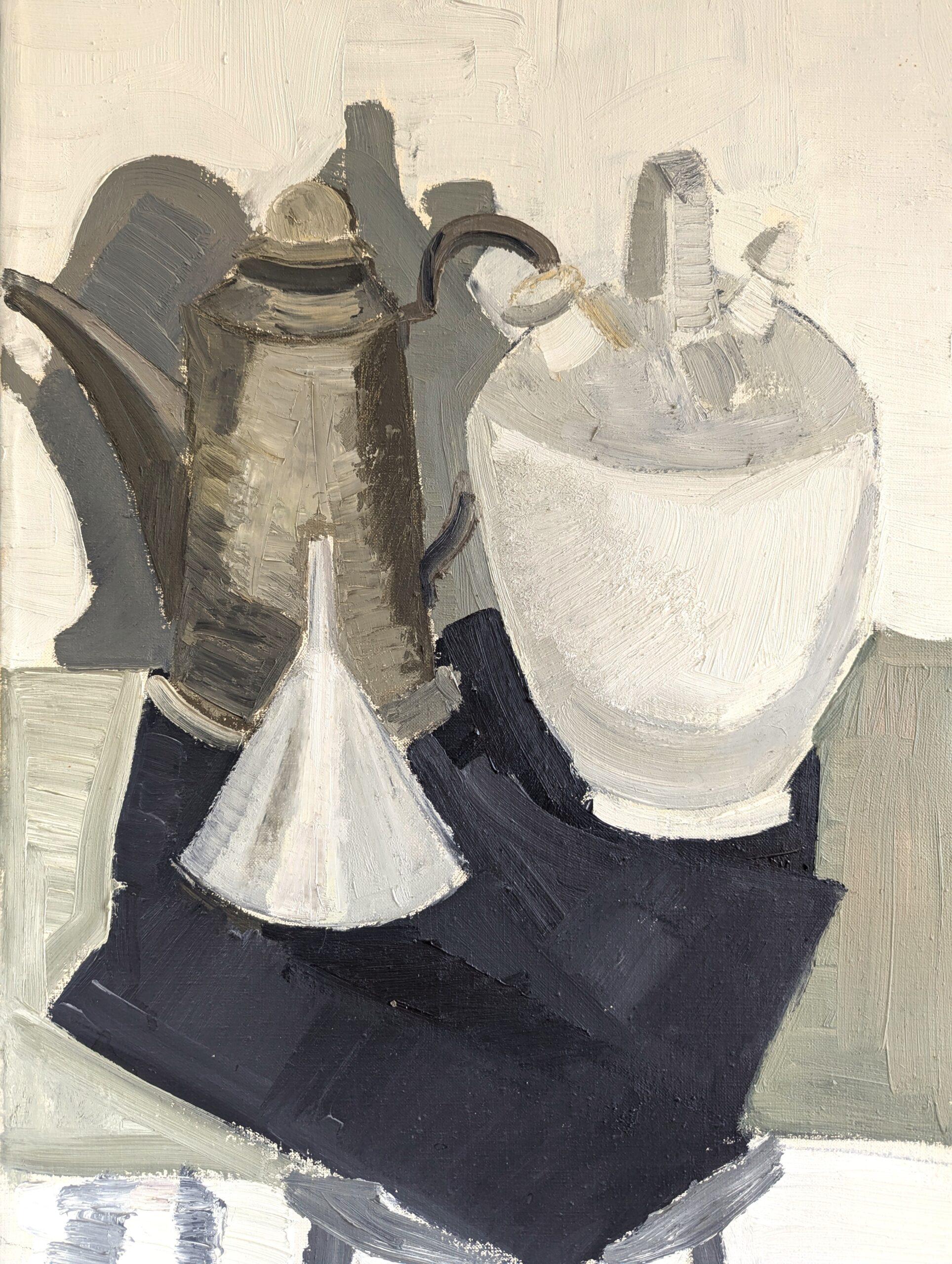 Vintage Mid-Century Modern Original Still Life Oil Painting - Jugs and Funnel For Sale 4
