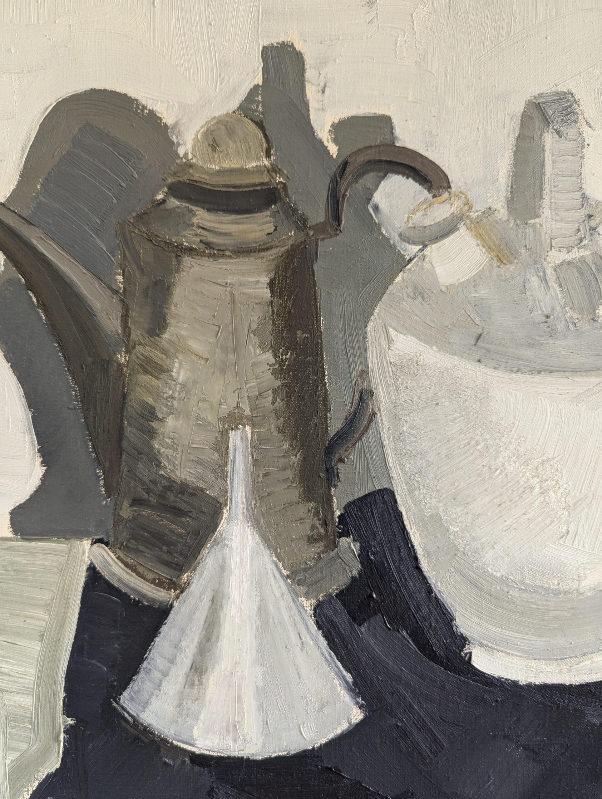 Vintage Mid-Century Modern Original Still Life Oil Painting - Jugs and Funnel For Sale 5