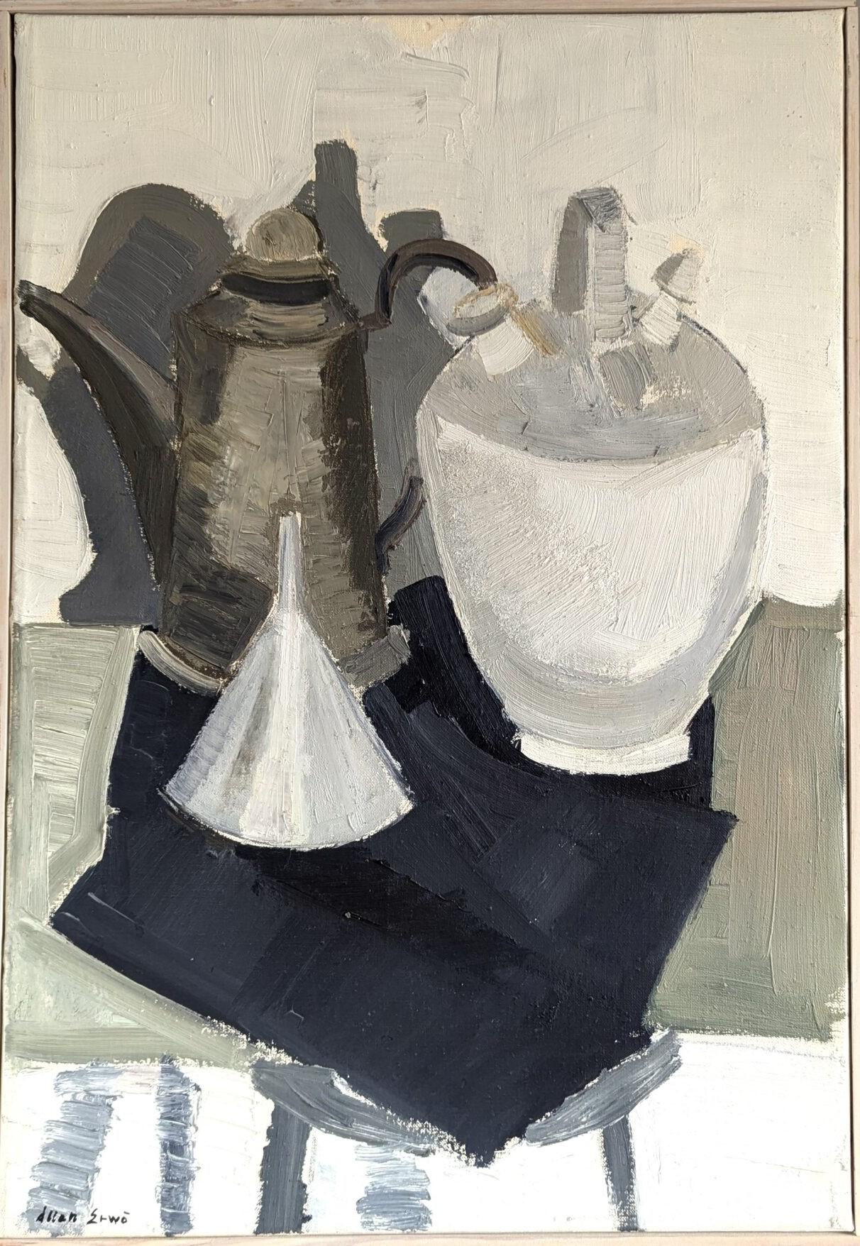 Unknown Still-Life Painting - Vintage Mid-Century Modern Original Still Life Oil Painting - Jugs and Funnel