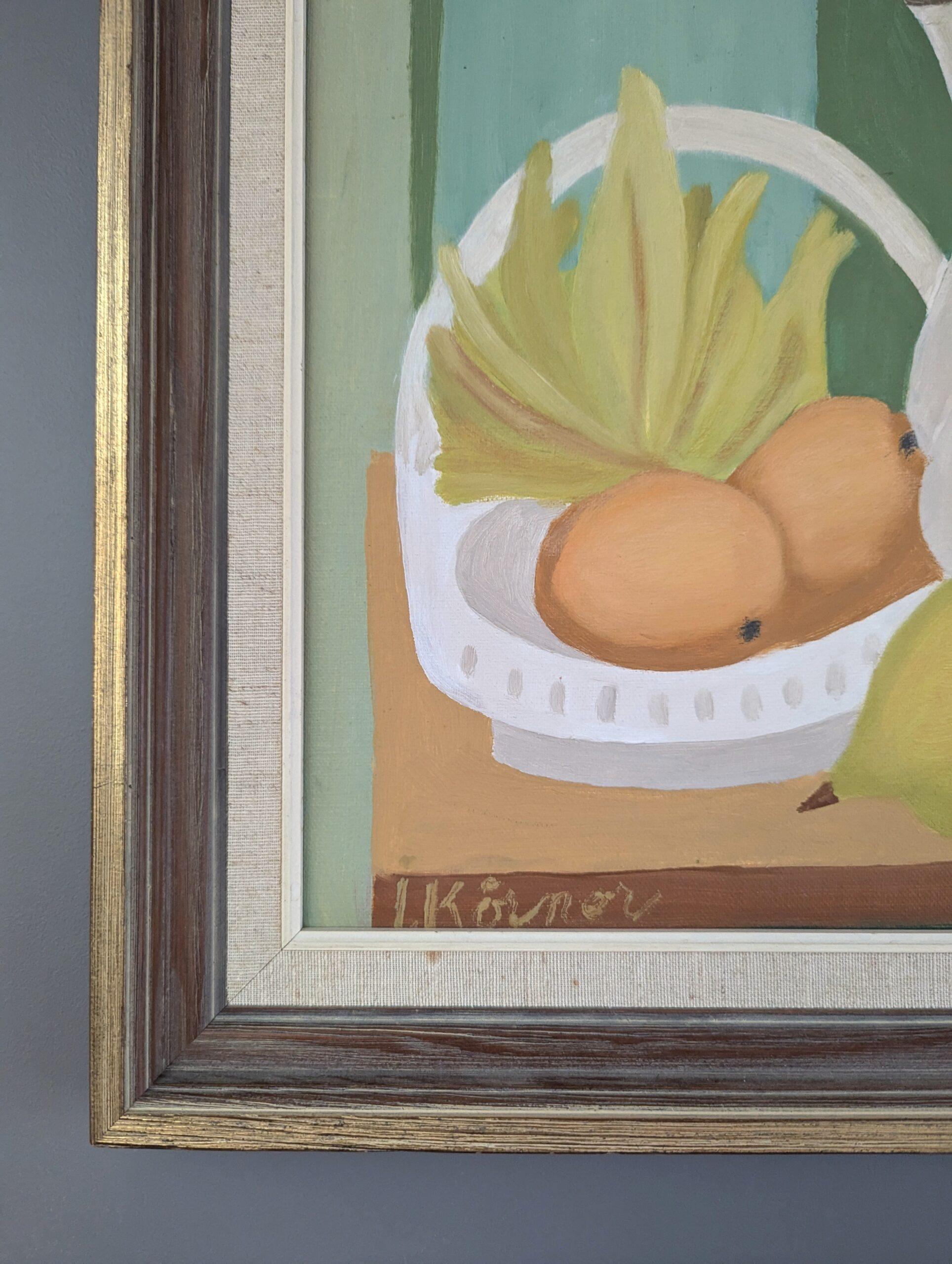 Vintage Mid Century Modern Original Stillleben Ölgemälde - Teekanne und Früchte im Angebot 5