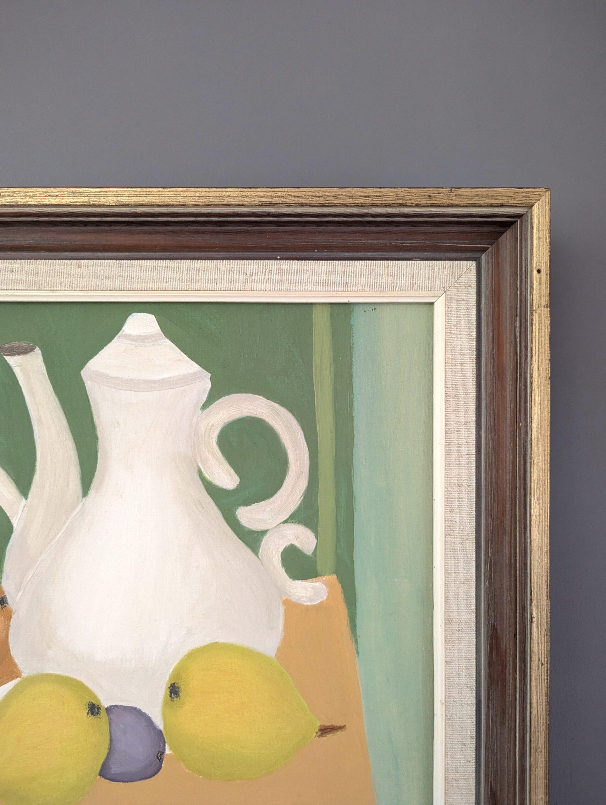 Vintage Mid Century Modern Original Stillleben Ölgemälde - Teekanne und Früchte im Angebot 6