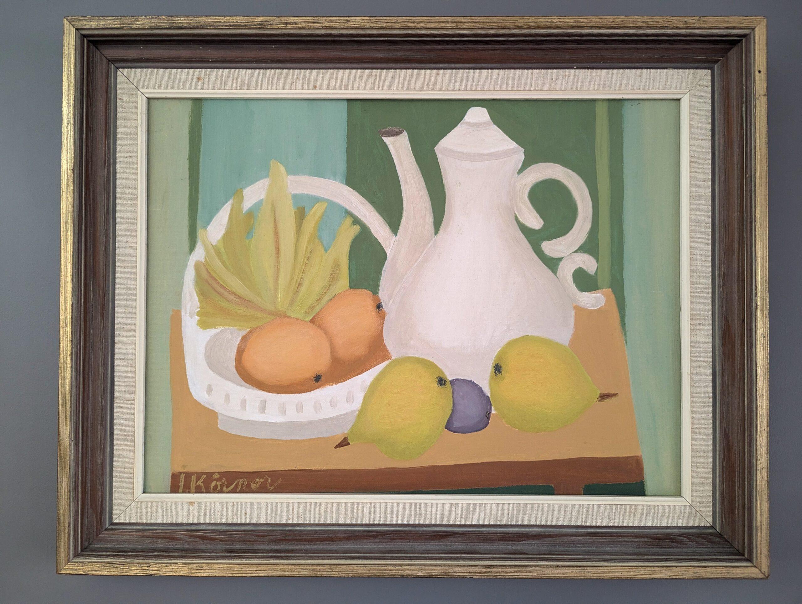 Vintage Mid Century Modern Original Stillleben Ölgemälde - Teekanne und Früchte – Painting von Unknown