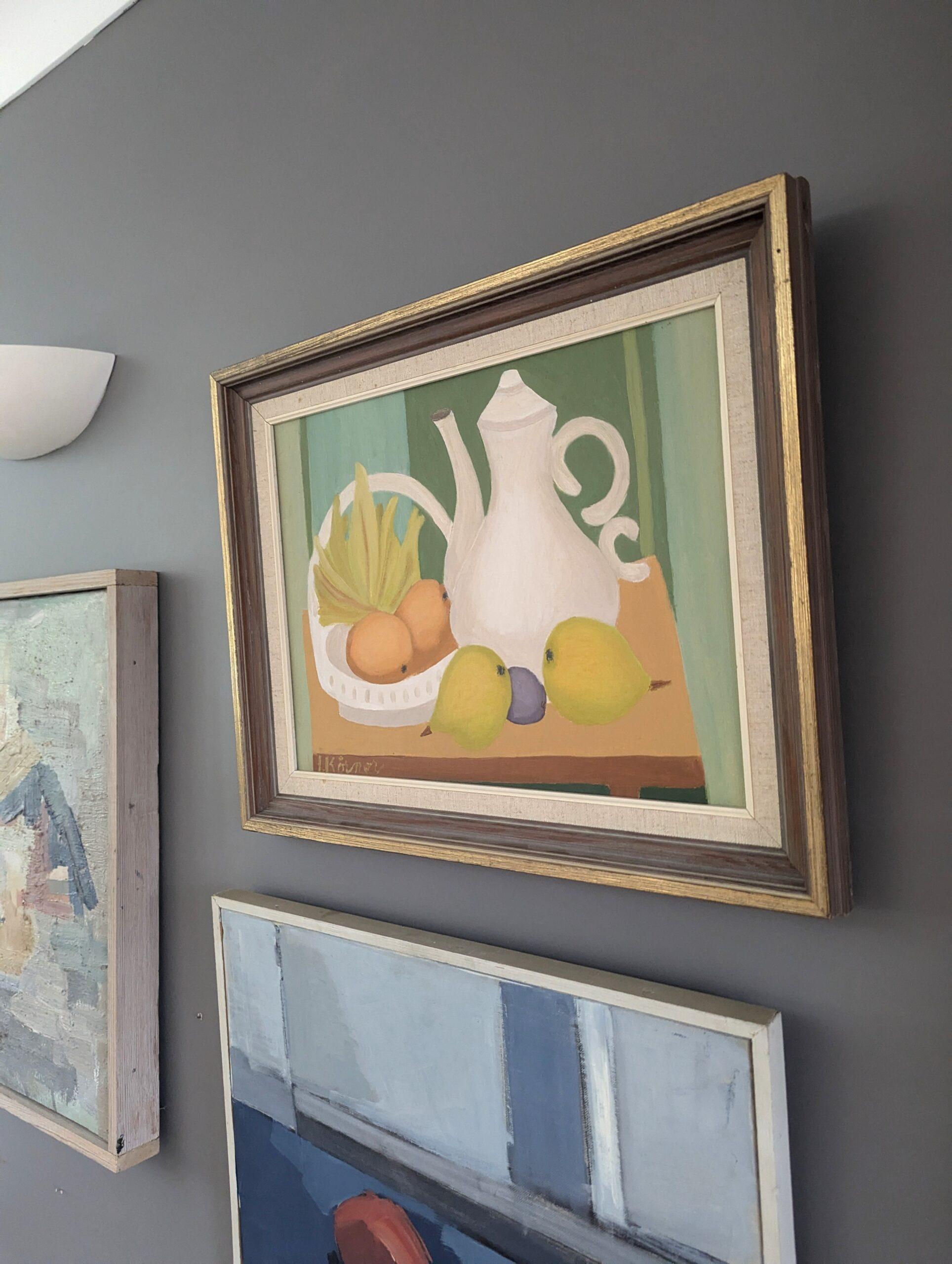 Vintage Mid Century Modern Original Stillleben Ölgemälde - Teekanne und Früchte im Angebot 1