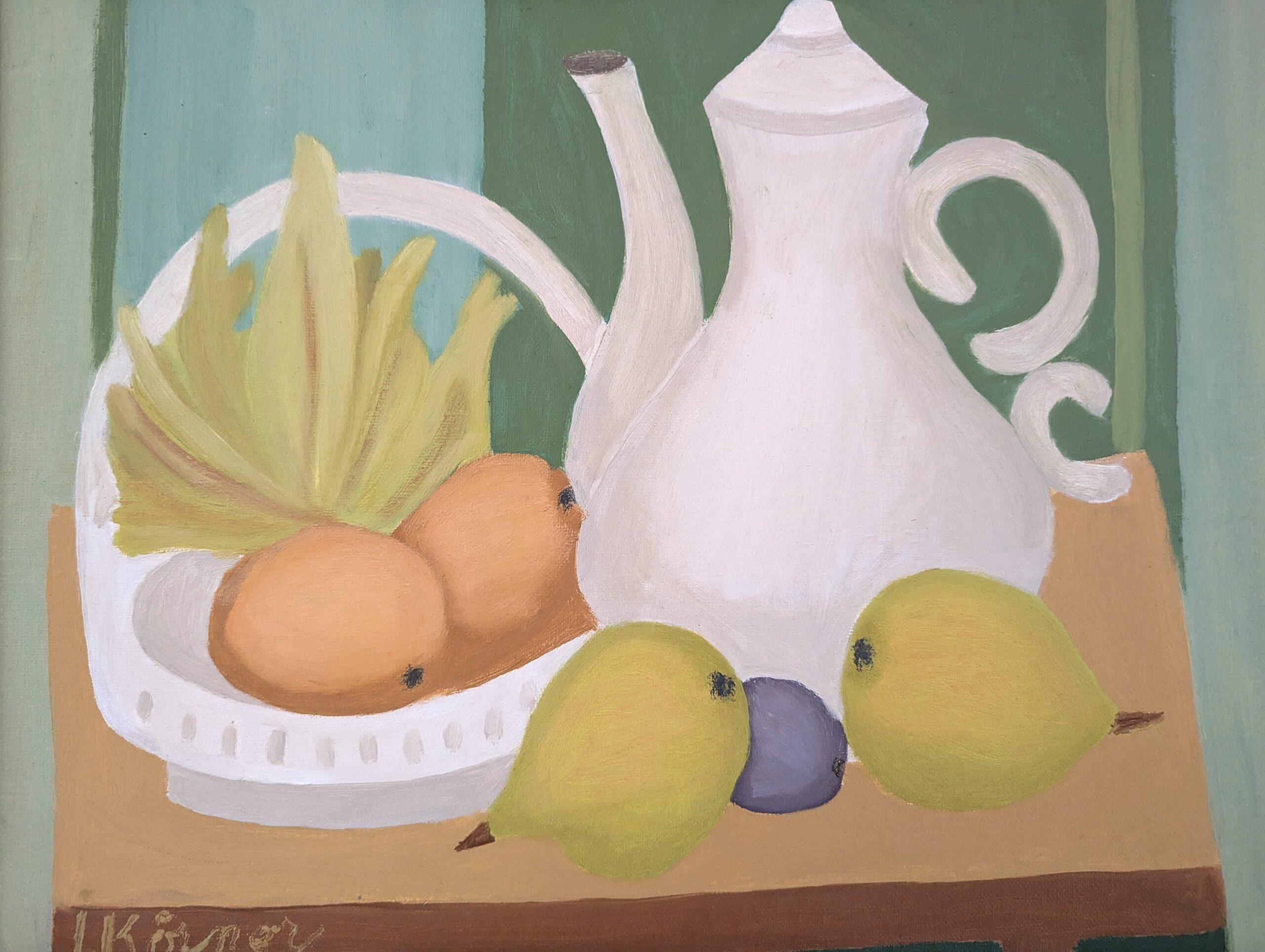 Vintage Mid Century Modern Original Stillleben Ölgemälde - Teekanne und Früchte im Angebot 2