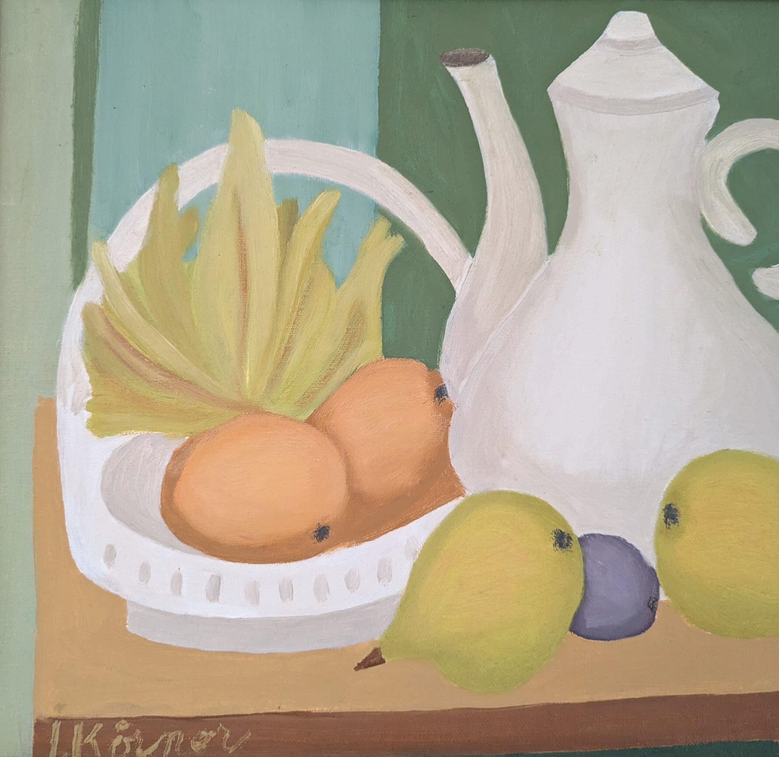 Vintage Mid Century Modern Original Stillleben Ölgemälde - Teekanne und Früchte im Angebot 4
