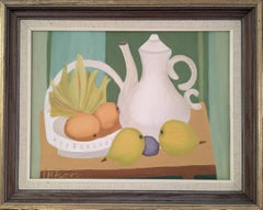 Vintage Mid Century Modern Original Still Life Oil Painting - Teapot and Fruits