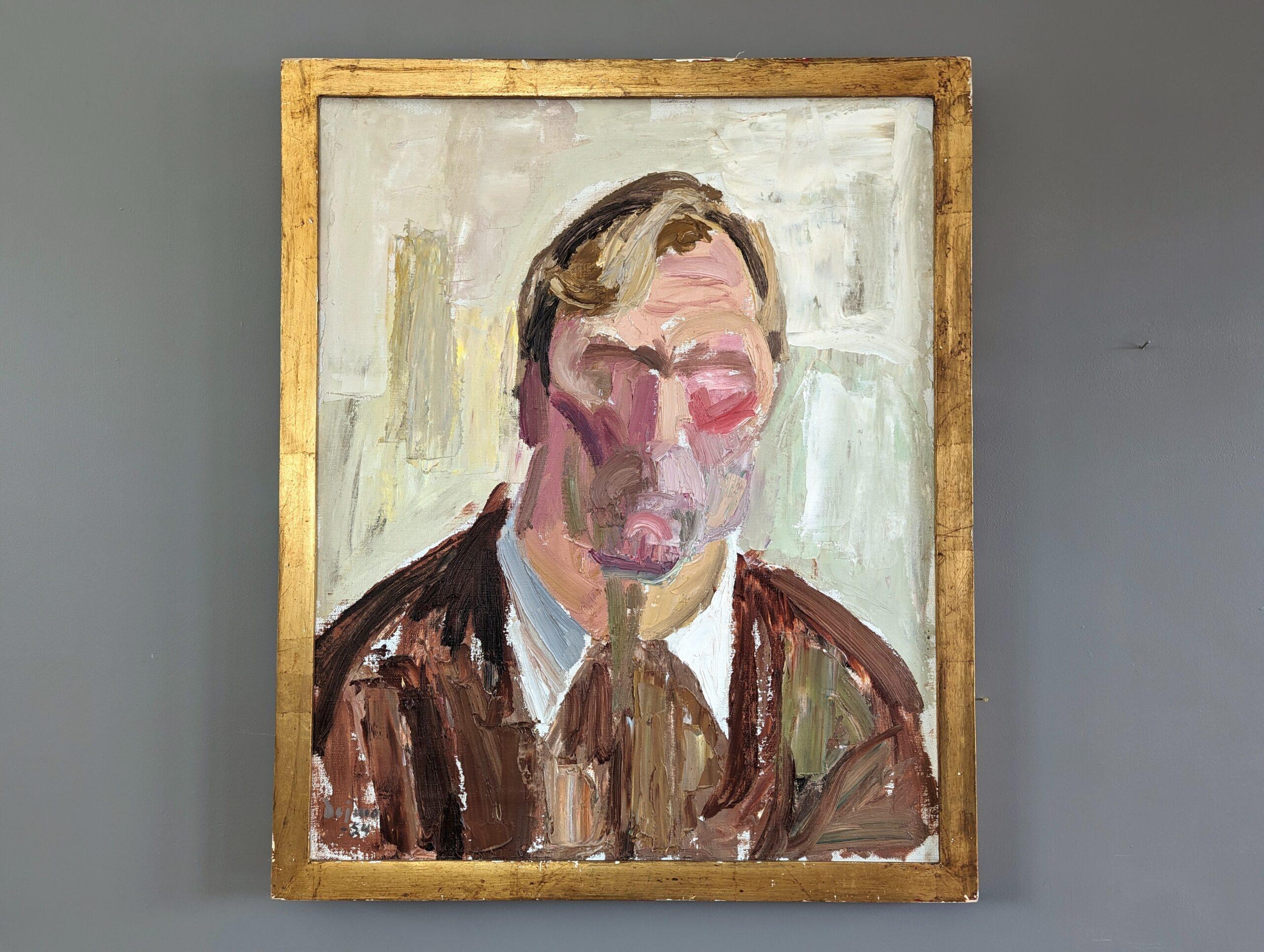 PORTRAIT OF A TROUBLED SOUL
Size: 65.5 x 54 cm (including frame)
Oil on Canvas

This mid-century expressive and emotive oil portrait delves into the depths of the human psyche with an intriguing depiction of a male figure in a brown shirt.

The face