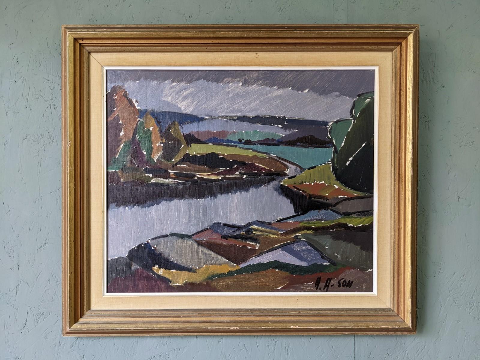 MEANDER
Size: 62 x 71 cm (including frame)
Oil on Canvas

An energetic and expressive mid-century modernist river landscape painting, executed in oil onto canvas.

This scenic nature landscape composition presents a panoramic view of a river